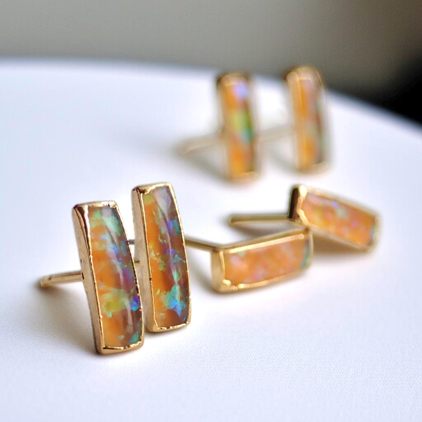 Dainty Fire Opal Bar Stud Earrings | 14k Gold Opal Earrings | October Birthstone Jewelry | Gift for Her, Opal Post Earrings, Opal Studs Gold