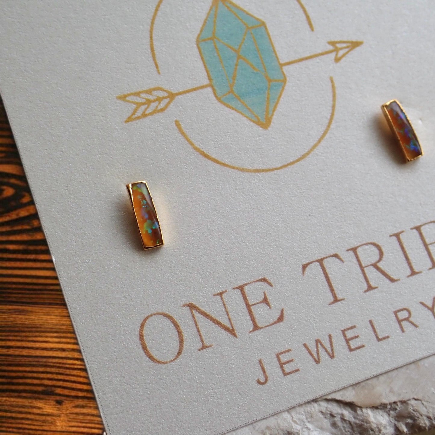 Dainty Fire Opal Bar Stud Earrings | 14k Gold Opal Earrings | October Birthstone Jewelry | Gift for Her, Opal Post Earrings, Opal Studs Gold