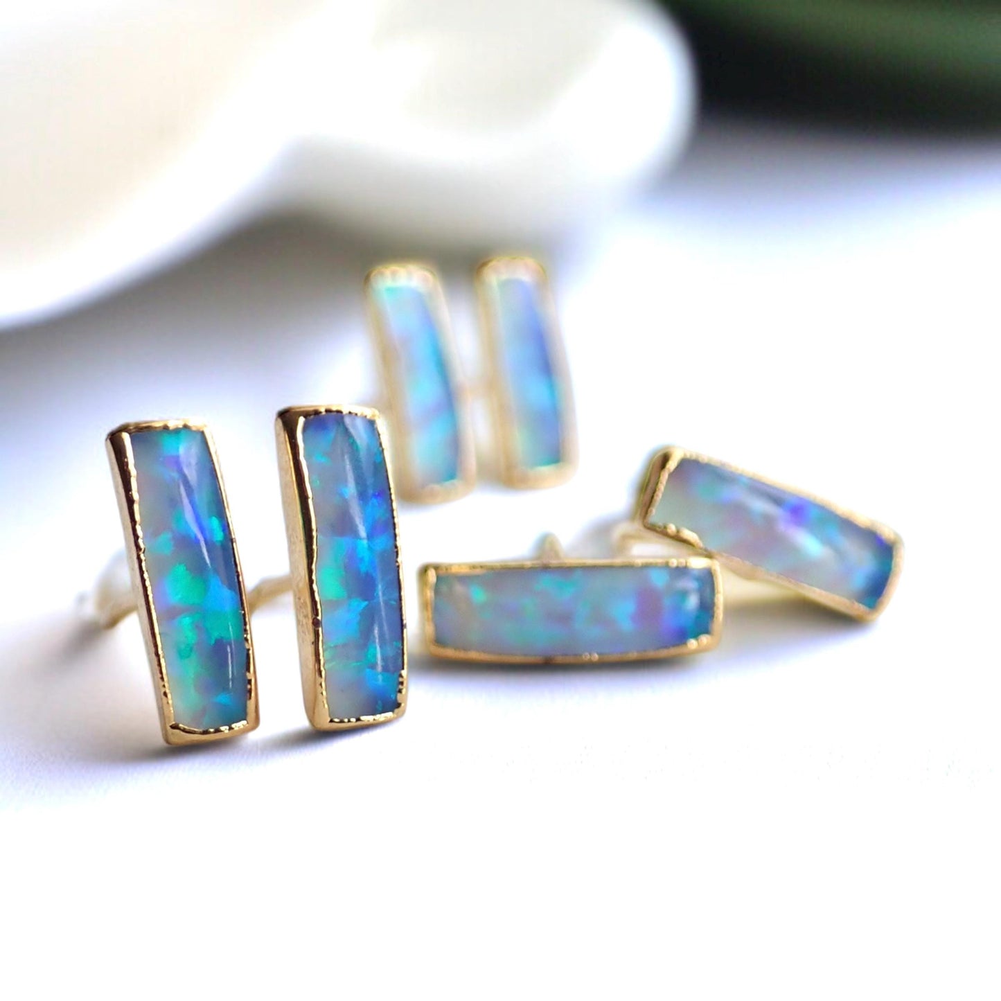 Small Blue Opal Bar Stud Earrings | 14k Gold Opal Earrings | October Birthstone Jewelry | Gift for Her, Opal Post Earrings, Opal Studs Gold