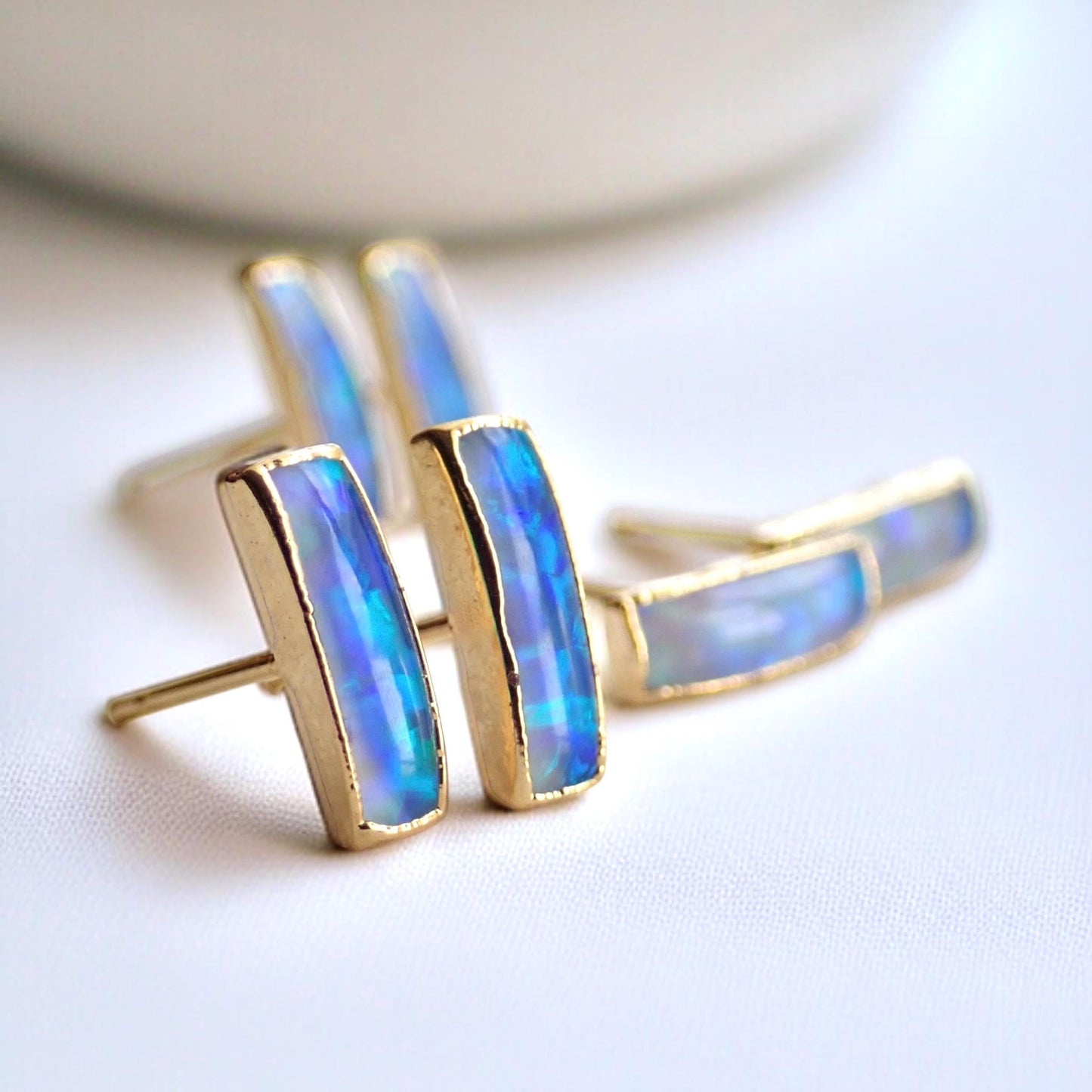 Small Blue Opal Bar Stud Earrings | 14k Gold Opal Earrings | October Birthstone Jewelry | Gift for Her, Opal Post Earrings, Opal Studs Gold