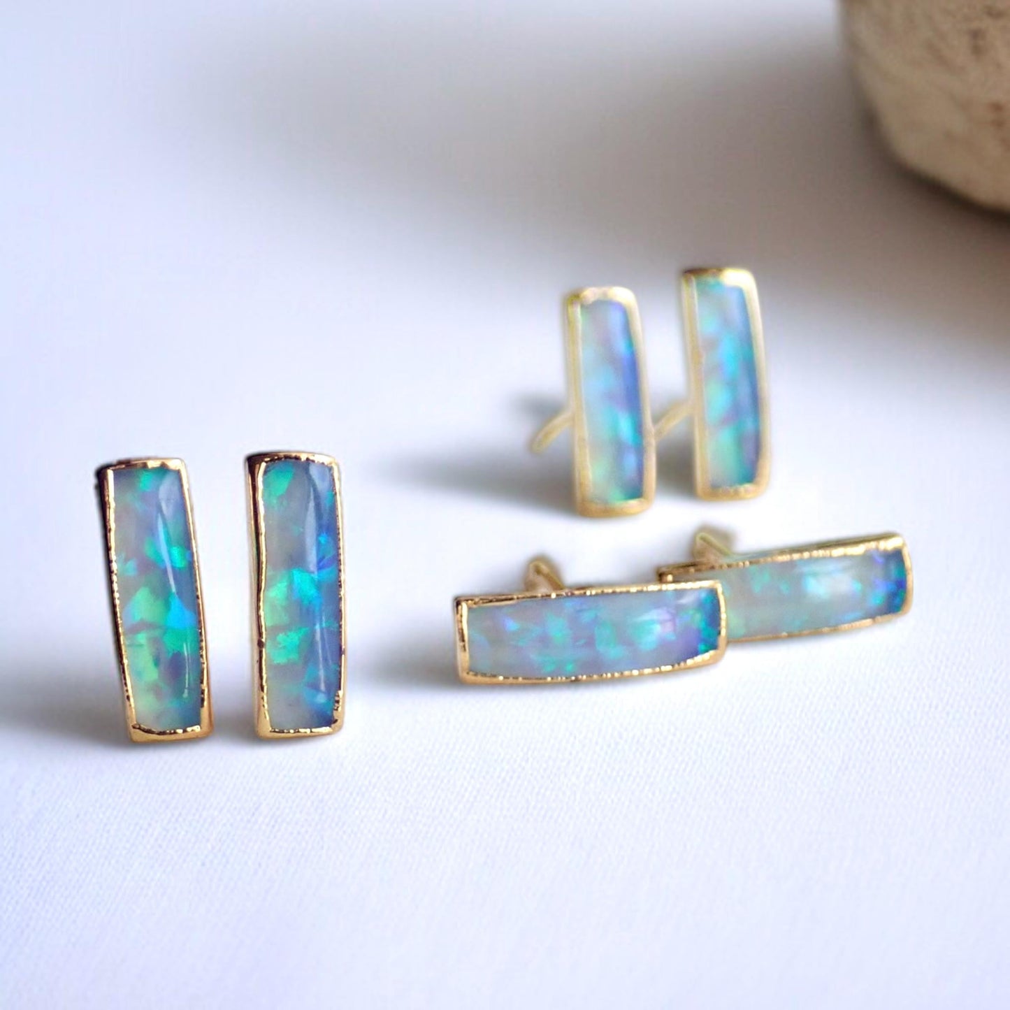 Small Blue Opal Bar Stud Earrings | 14k Gold Opal Earrings | October Birthstone Jewelry | Gift for Her, Opal Post Earrings, Opal Studs Gold