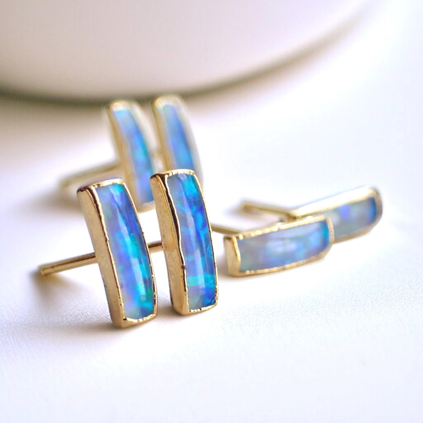 Small Blue Opal Bar Stud Earrings | 14k Gold Opal Earrings | October Birthstone Jewelry | Gift for Her, Opal Post Earrings, Opal Studs Gold