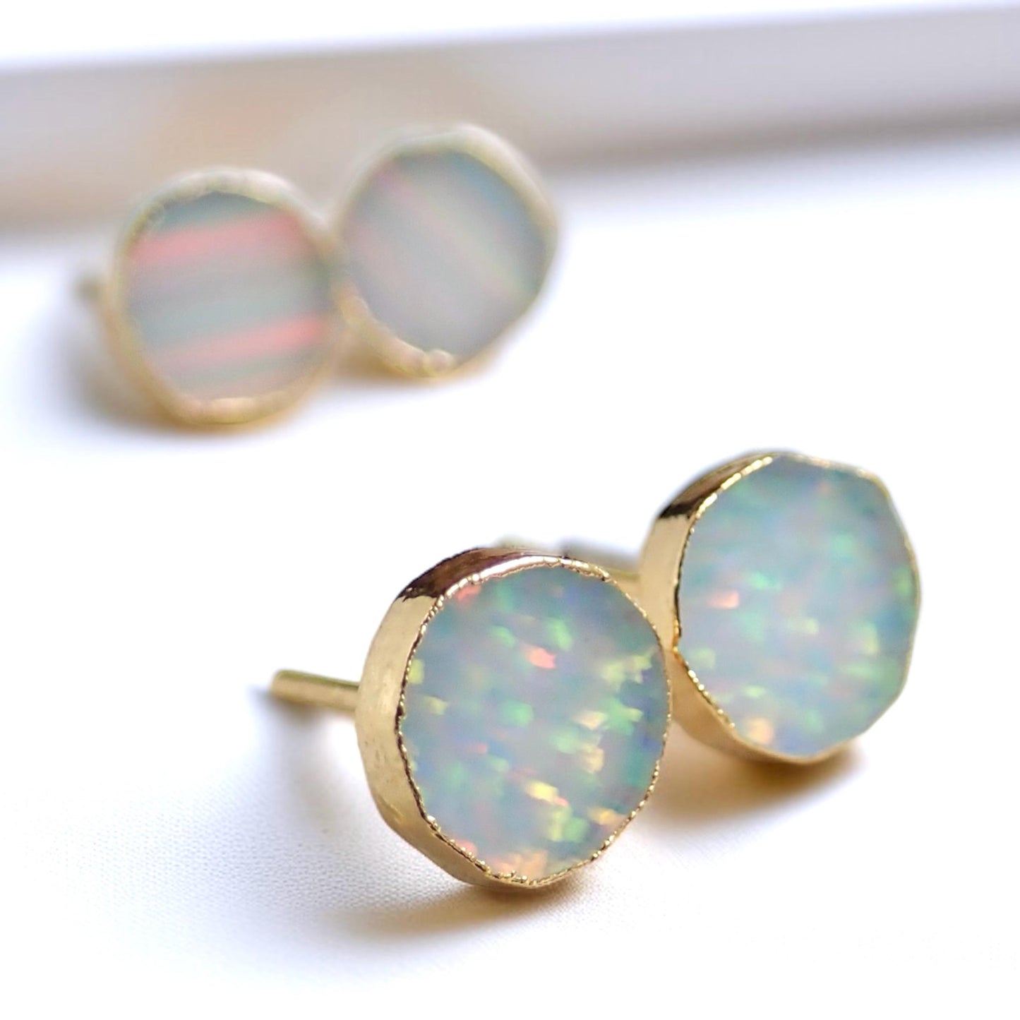 Round White Opal Stud Earrings | 14k Gold Opal Earrings | October Birthstone Jewelry | Gift for Her, Opal Post Earrings, Round Gemstone Earrings