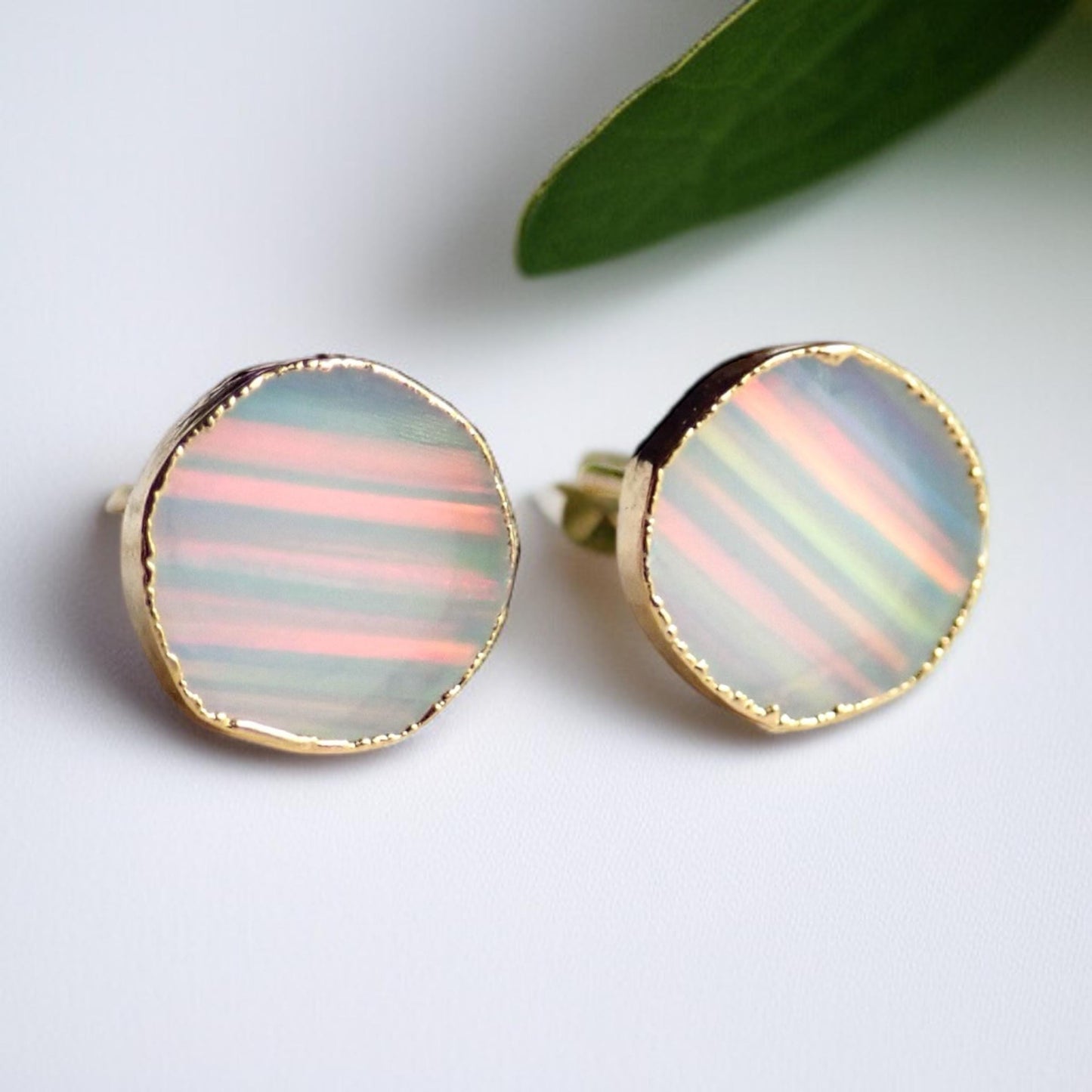 Round White Opal Stud Earrings | 14k Gold Opal Earrings | October Birthstone Jewelry | Gift for Her, Opal Post Earrings, Round Gemstone Earrings