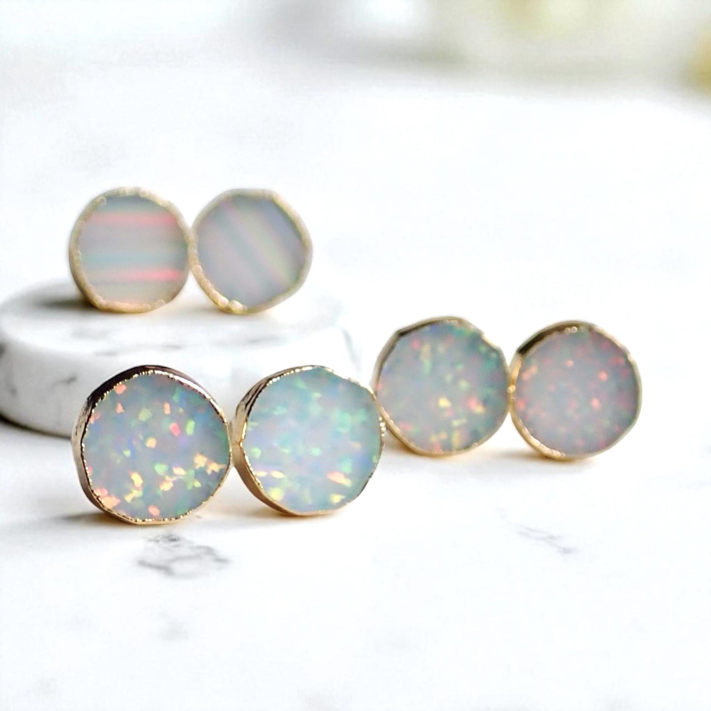 Round White Opal Stud Earrings | 14k Gold Opal Earrings | October Birthstone Jewelry | Gift for Her, Opal Post Earrings, Round Gemstone Earrings