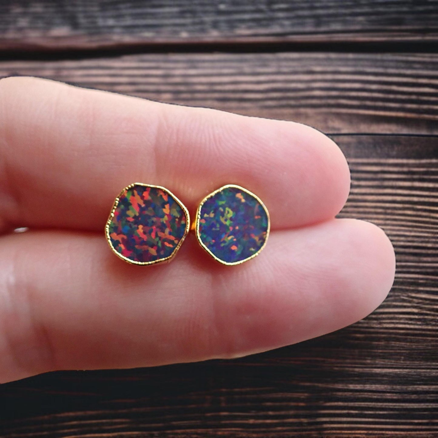 Black Opal Stud Earrings | 14k Gold Opal Earrings, October Birthstone Jewelry, Round Gemstone Earrings