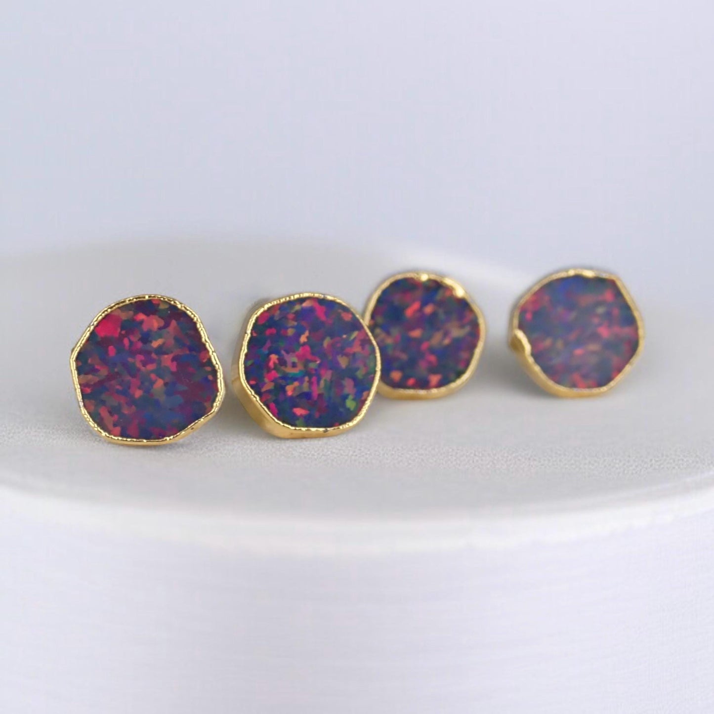 Black Opal Stud Earrings | 14k Gold Opal Earrings, October Birthstone Jewelry, Round Gemstone Earrings