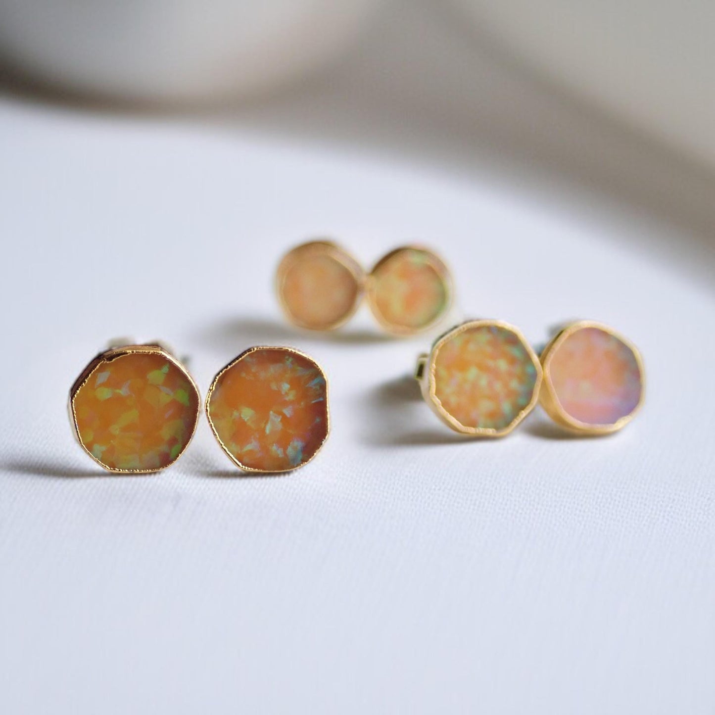 Orange Fire Opal Stud Earrings | 14k Gold Opal Earrings | October Birthstone Jewelry | Gift for Her, Opal Post Earrings, Round Gemstone Earrings