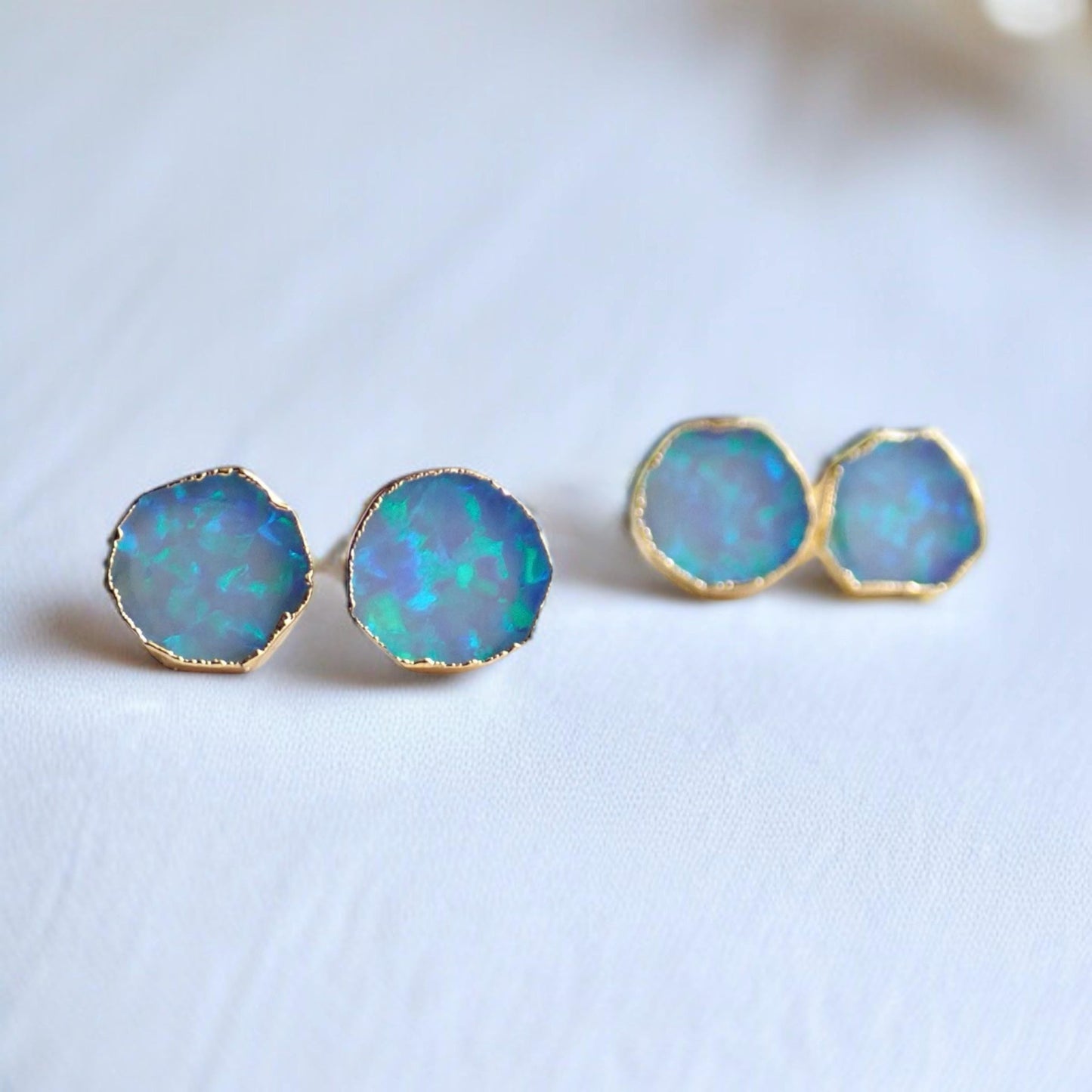 Blue Opal Stud Earrings | October Birthstone Jewelry | 14k Gold Opal Earrings | Opal Post Earrings, Round Gemstone Earrings, Gift for Her