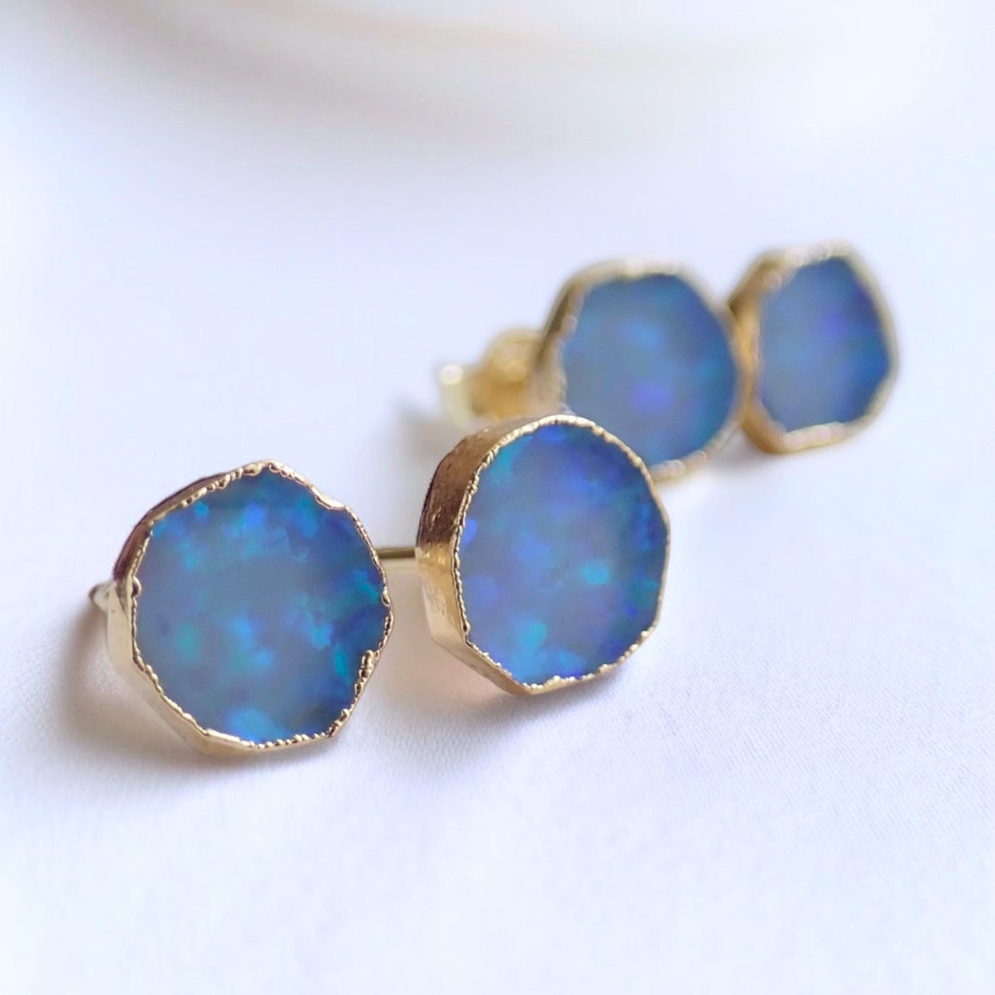Blue Opal Stud Earrings | October Birthstone Jewelry | 14k Gold Opal Earrings | Opal Post Earrings, Round Gemstone Earrings, Gift for Her