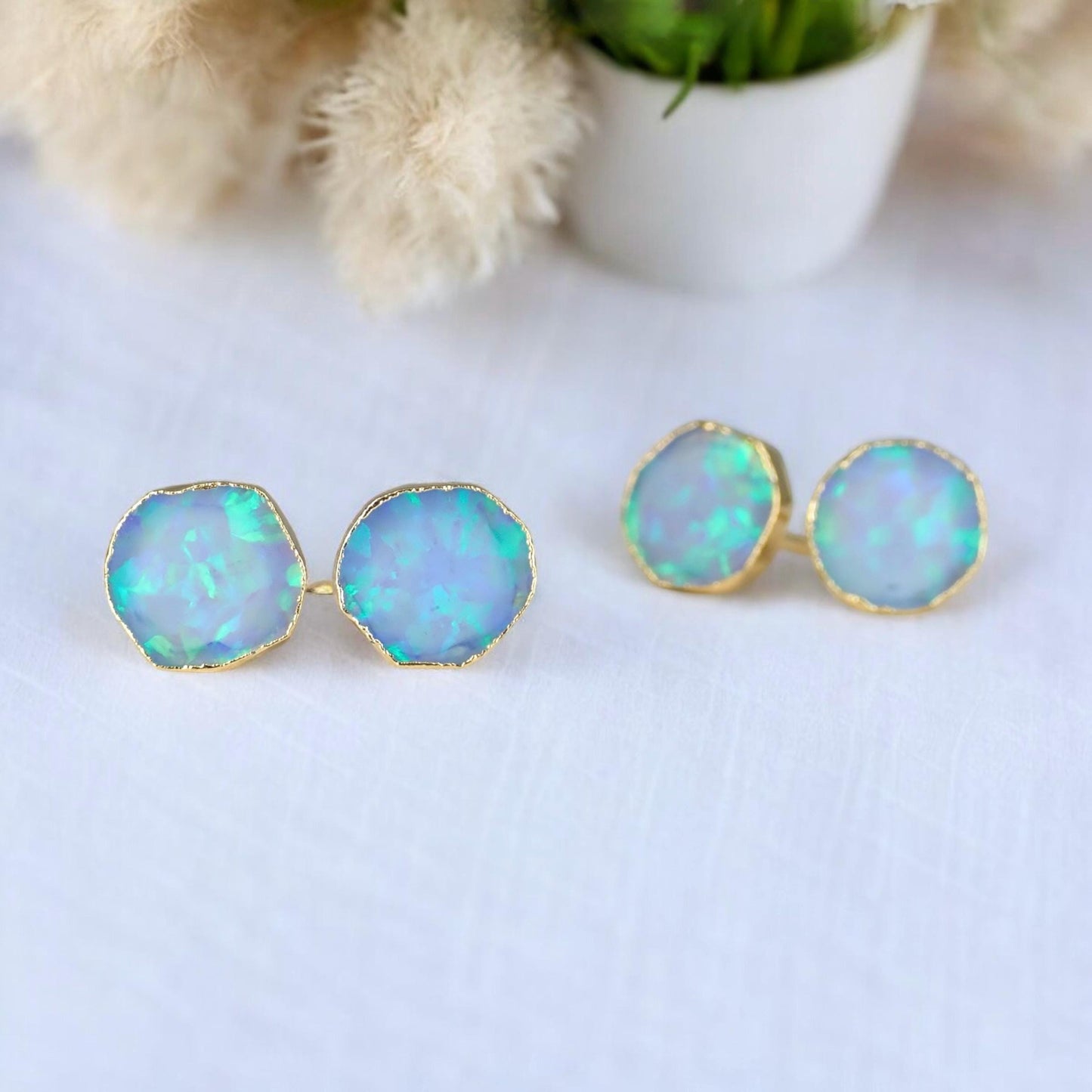 Blue Opal Stud Earrings | October Birthstone Jewelry | 14k Gold Opal Earrings | Opal Post Earrings, Round Gemstone Earrings, Gift for Her