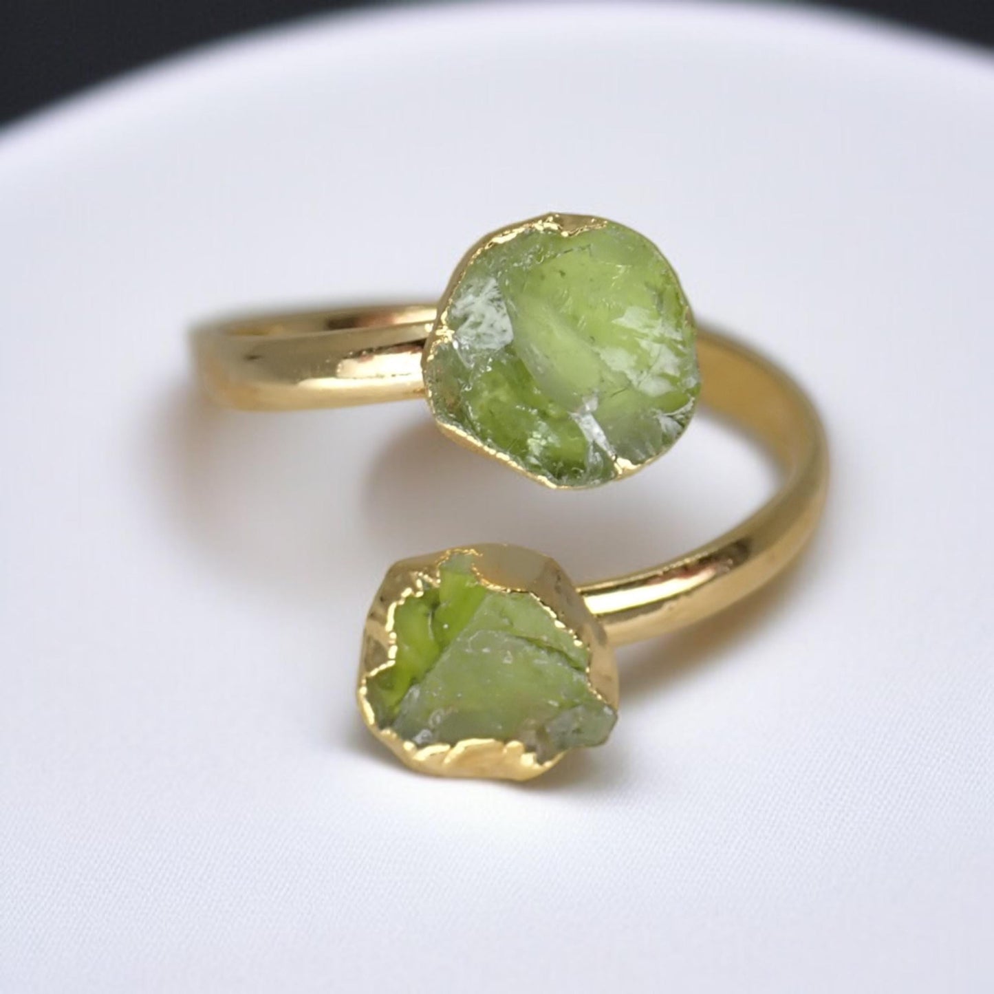 Raw Peridot Adjustable Ring – 14k Gold Open Wrap Ring with Two Natural Green Gemstones – August Birthstone Jewelry,Peridot Ring,Gift for Her