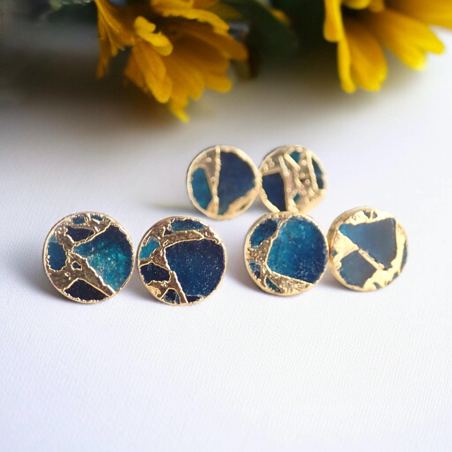 Deep Ocean Blue Mojave Turquoise Stud Earrings | Kintsugi Style Gemstone Earrings- Minimalist Boho Post Earrings - Round Gemstone Studs