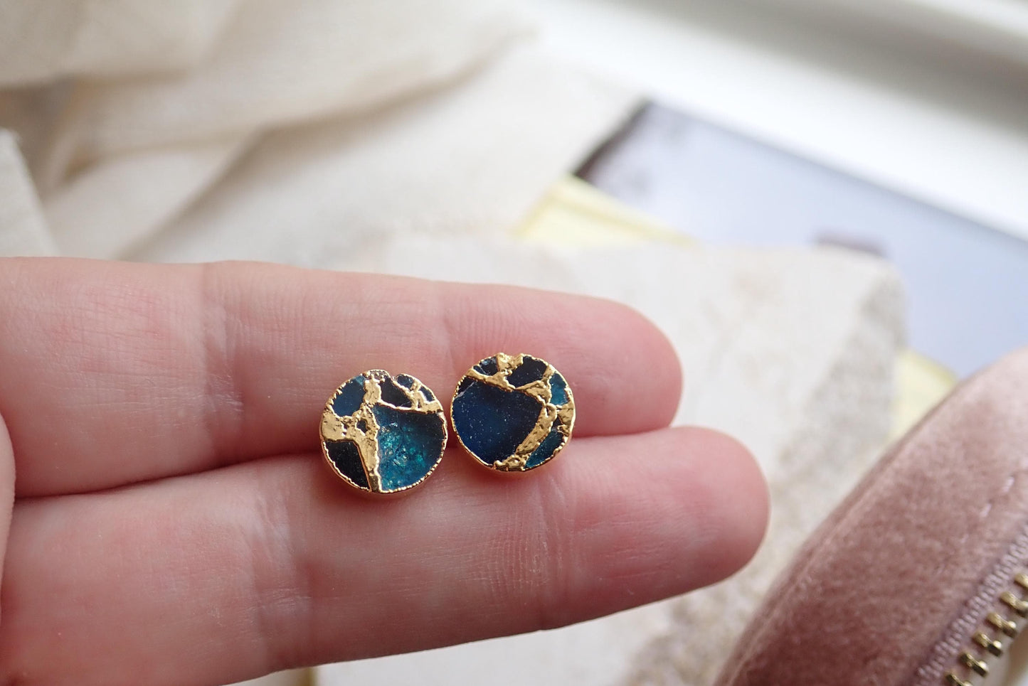 Deep Ocean Blue Mojave Turquoise Stud Earrings | Kintsugi Style Gemstone Earrings- Minimalist Boho Post Earrings - Round Gemstone Studs