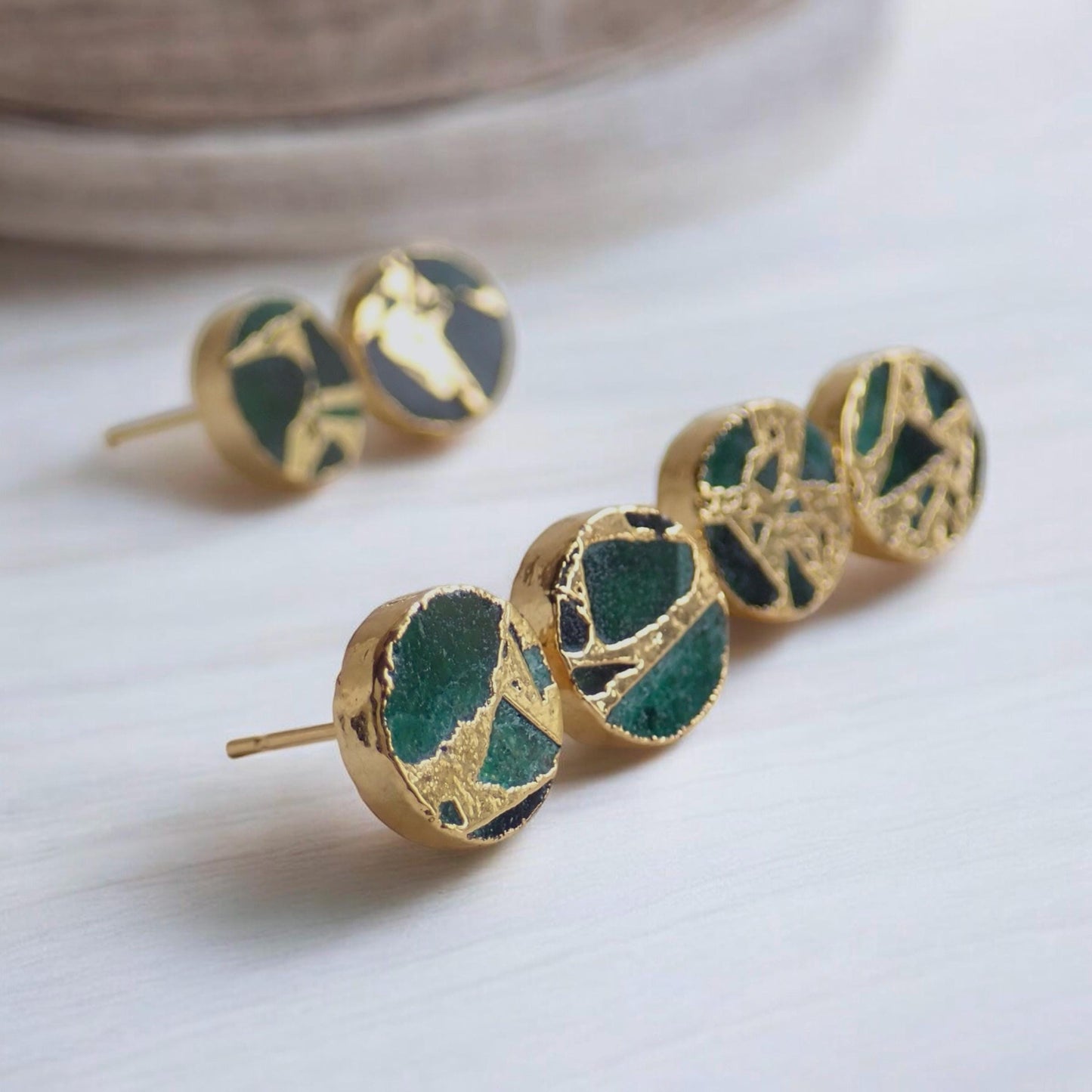 Emerald Green Mojave Turquoise Stud Earrings | Jade Kintsugi Style Gemstone Earrings,Minimalist Boho Post Earrings,Round Gemstone Studs