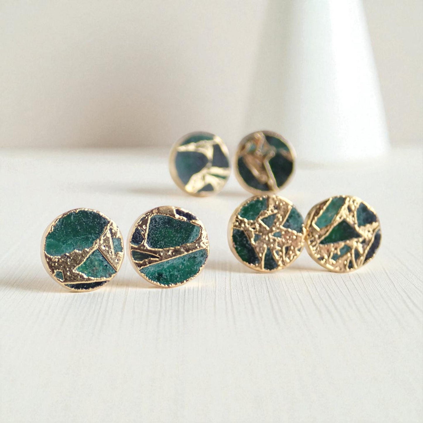 Emerald Green Mojave Turquoise Stud Earrings | Jade Kintsugi Style Gemstone Earrings,Minimalist Boho Post Earrings,Round Gemstone Studs