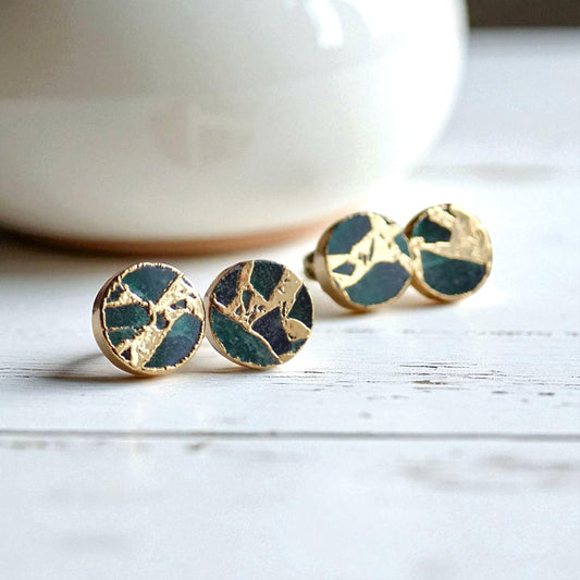Emerald Green Mojave Turquoise Stud Earrings | Jade Kintsugi Style Gemstone Earrings,Minimalist Boho Post Earrings,Round Gemstone Studs