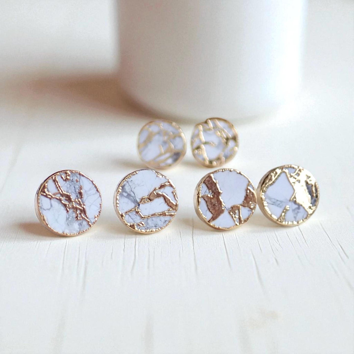 White Mojave Stud Earrings, Faux Marble Round Studs Gold Vein Detail, Modern Minimalist Jewelry, Howlite Kintsugi Earrings, Gift for Her