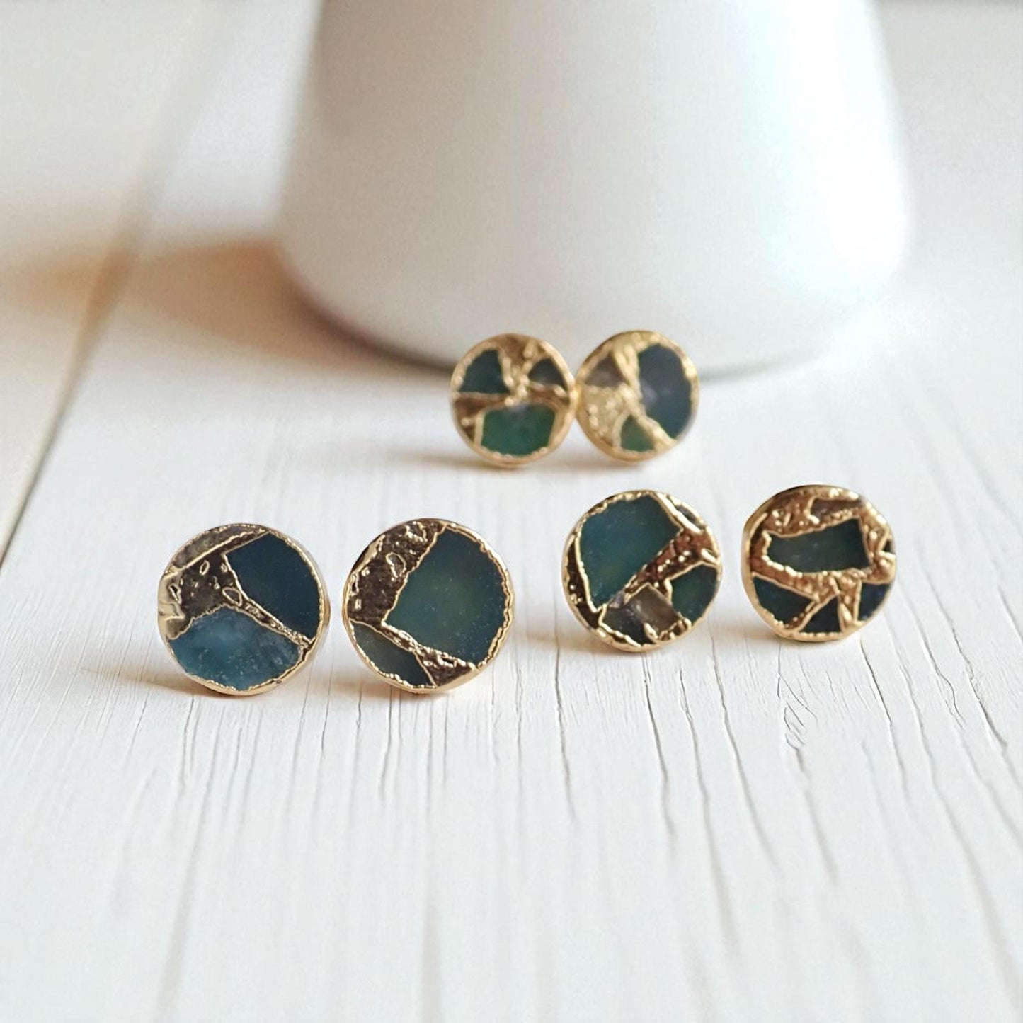 Seafoam Teal Round Stud Earrings Gold Veins – Kintsugi Inspired Jewelry, Minimalist Gemstone Earrings,Round Stone Post Earrings,Gift for Her