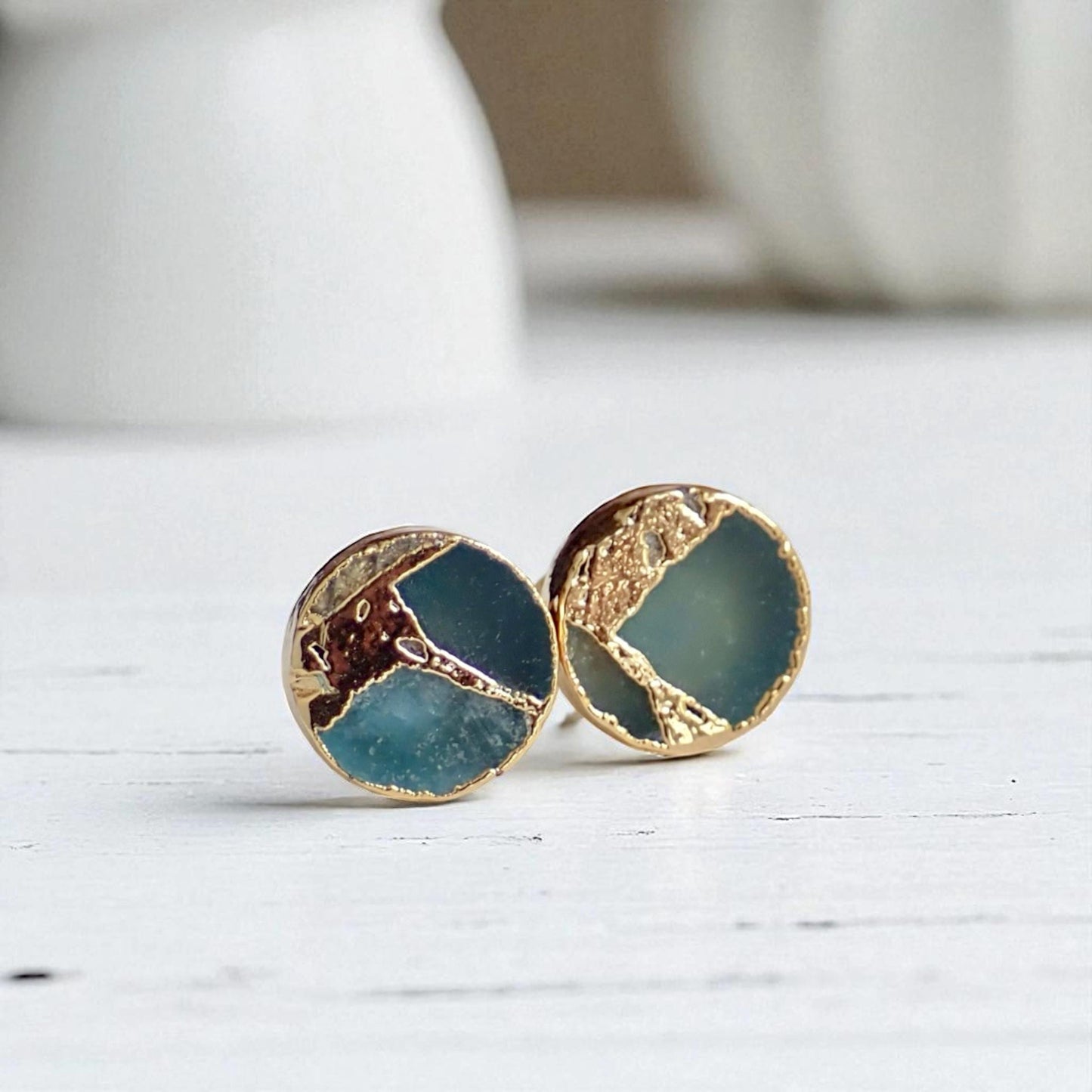 Seafoam Teal Round Stud Earrings Gold Veins – Kintsugi Inspired Jewelry, Minimalist Gemstone Earrings,Round Stone Post Earrings,Gift for Her