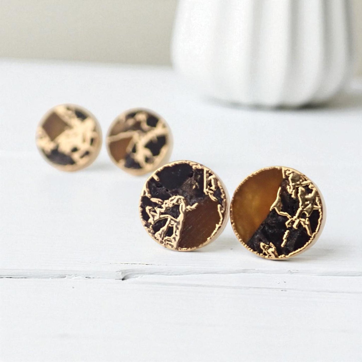 Gold Citrine & Black Jade Stud Earrings – Mojave Gemstone Post Earrings – Kintsugi Style Round Earrings – Unique Minimalist Jewelry for Her