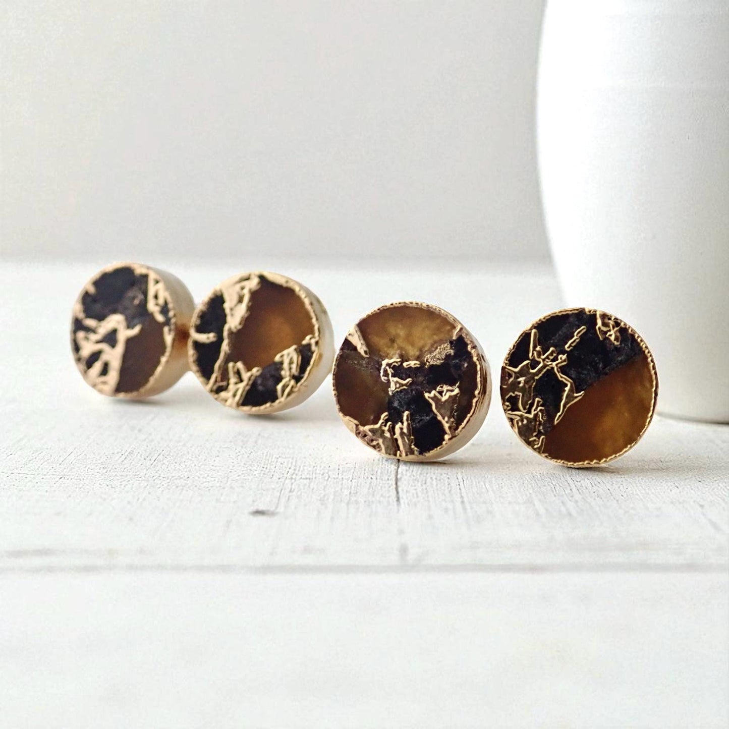 Gold Citrine & Black Jade Stud Earrings – Mojave Gemstone Post Earrings – Kintsugi Style Round Earrings – Unique Minimalist Jewelry for Her