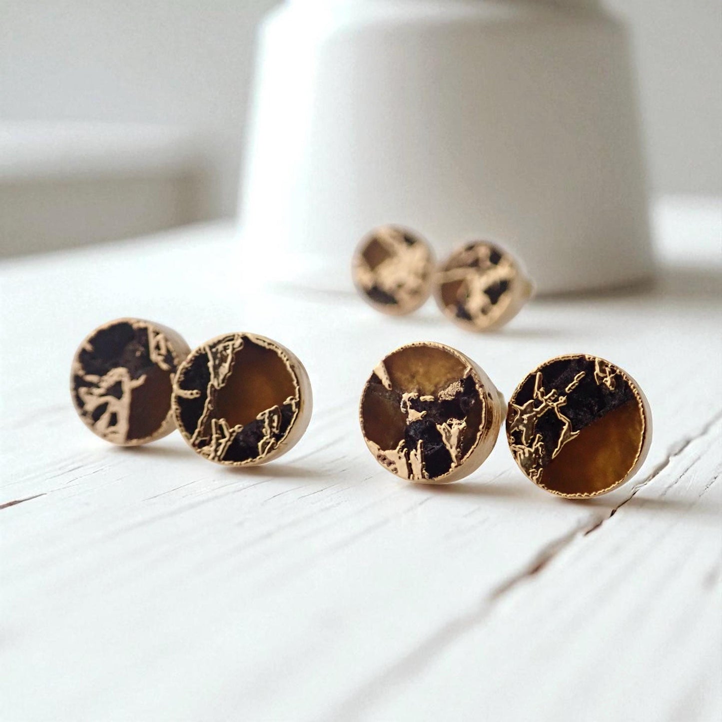 Gold Citrine & Black Jade Stud Earrings – Mojave Gemstone Post Earrings – Kintsugi Style Round Earrings – Unique Minimalist Jewelry for Her