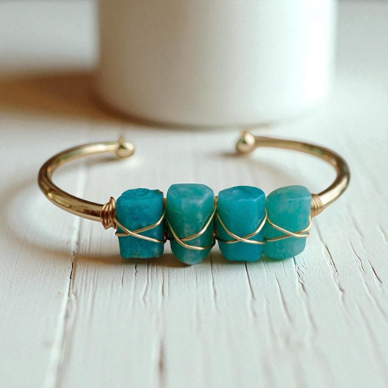 Raw Amazonite Cuff Bracelet – Gold- Wire Wrapped Gemstone Bangle, Adjustable Turquoise Blue Stacking Bracelet
