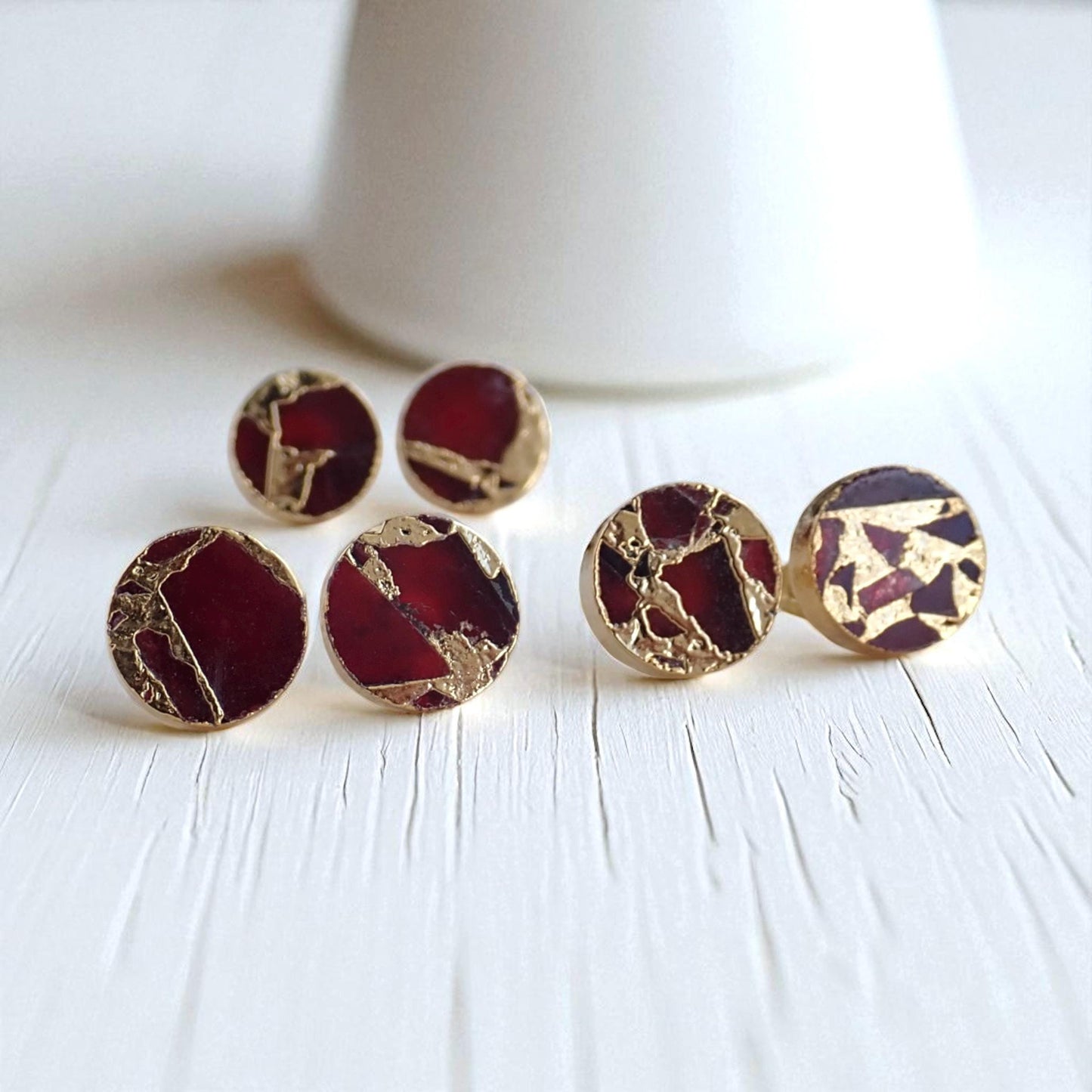 Ruby Red Mojave Stud Earrings – Round Gemstone Studs| Boho Minimalist Jewelry, January Birthstone Gift for Her, Kintsugi Post Earrings