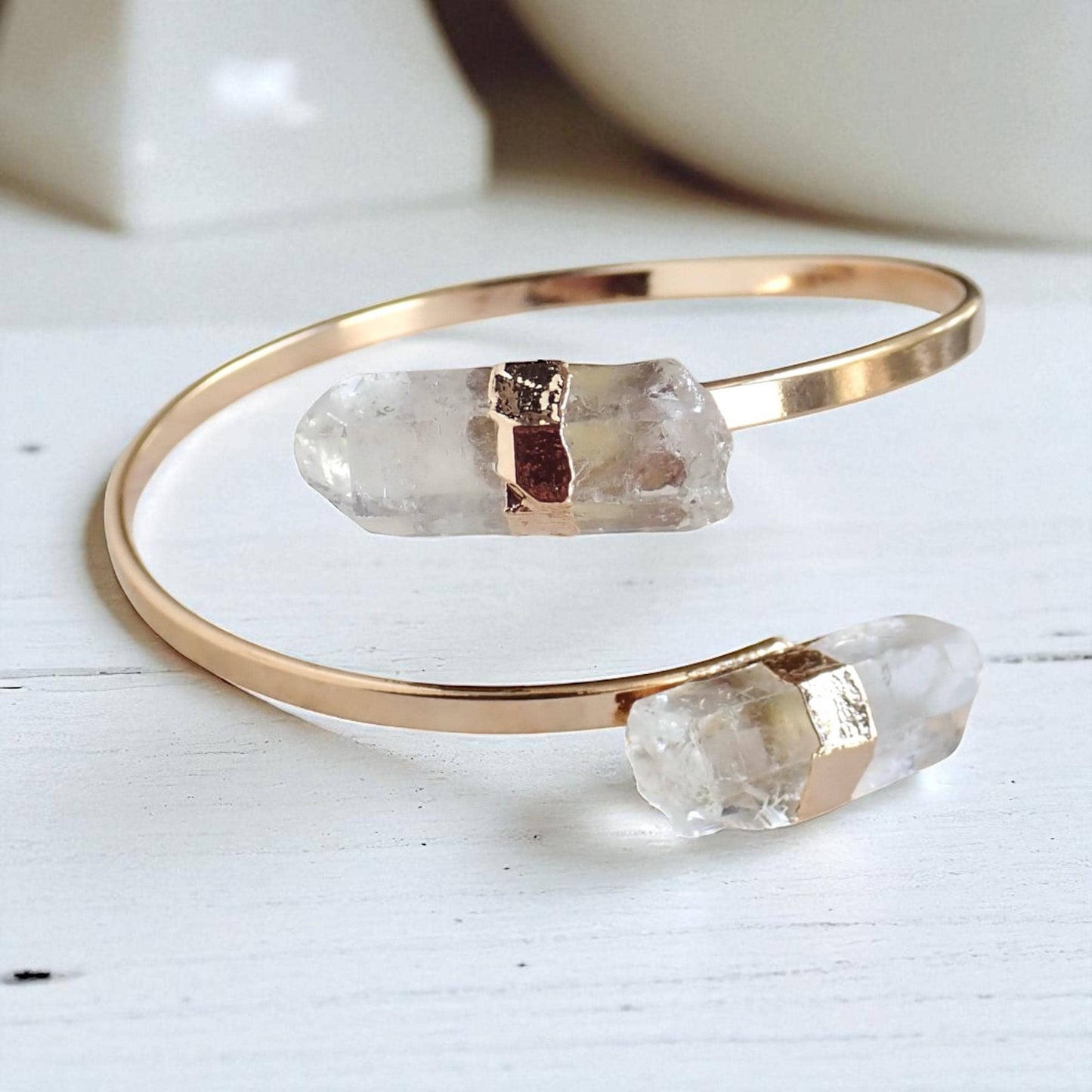 Raw Quartz Point Cuff Bracelet | Double Crystal Bracelet, Minimalist Adjustable Gemstone Open Cuff