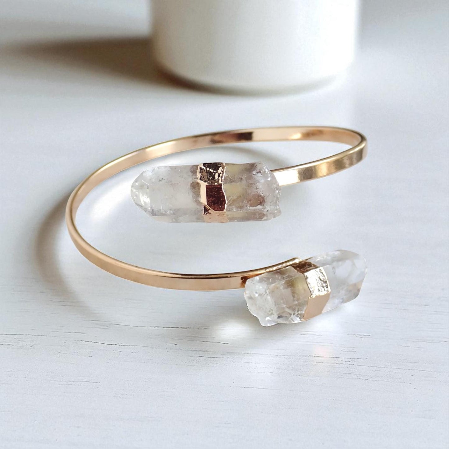 Raw Quartz Point Cuff Bracelet | Double Crystal Bracelet, Minimalist Adjustable Gemstone Open Cuff