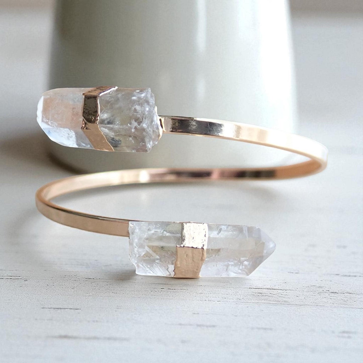 Raw Quartz Point Cuff Bracelet | Double Crystal Bracelet, Minimalist Adjustable Gemstone Open Cuff