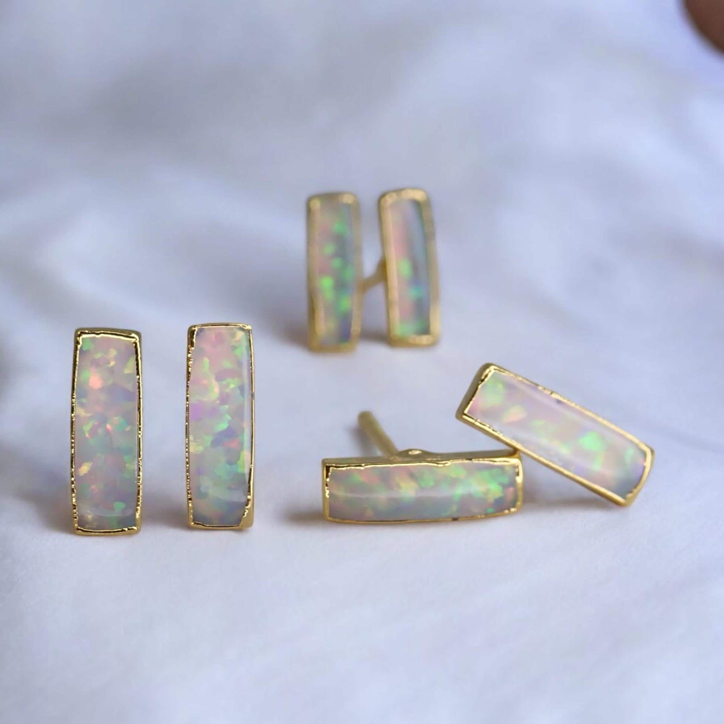 Dainty Opal Bar Stud Earrings | 14k Gold Opal Earrings | October Birthstone Jewelry | Gift for Her, Opal Post Earrings, Opal Stud Earrings