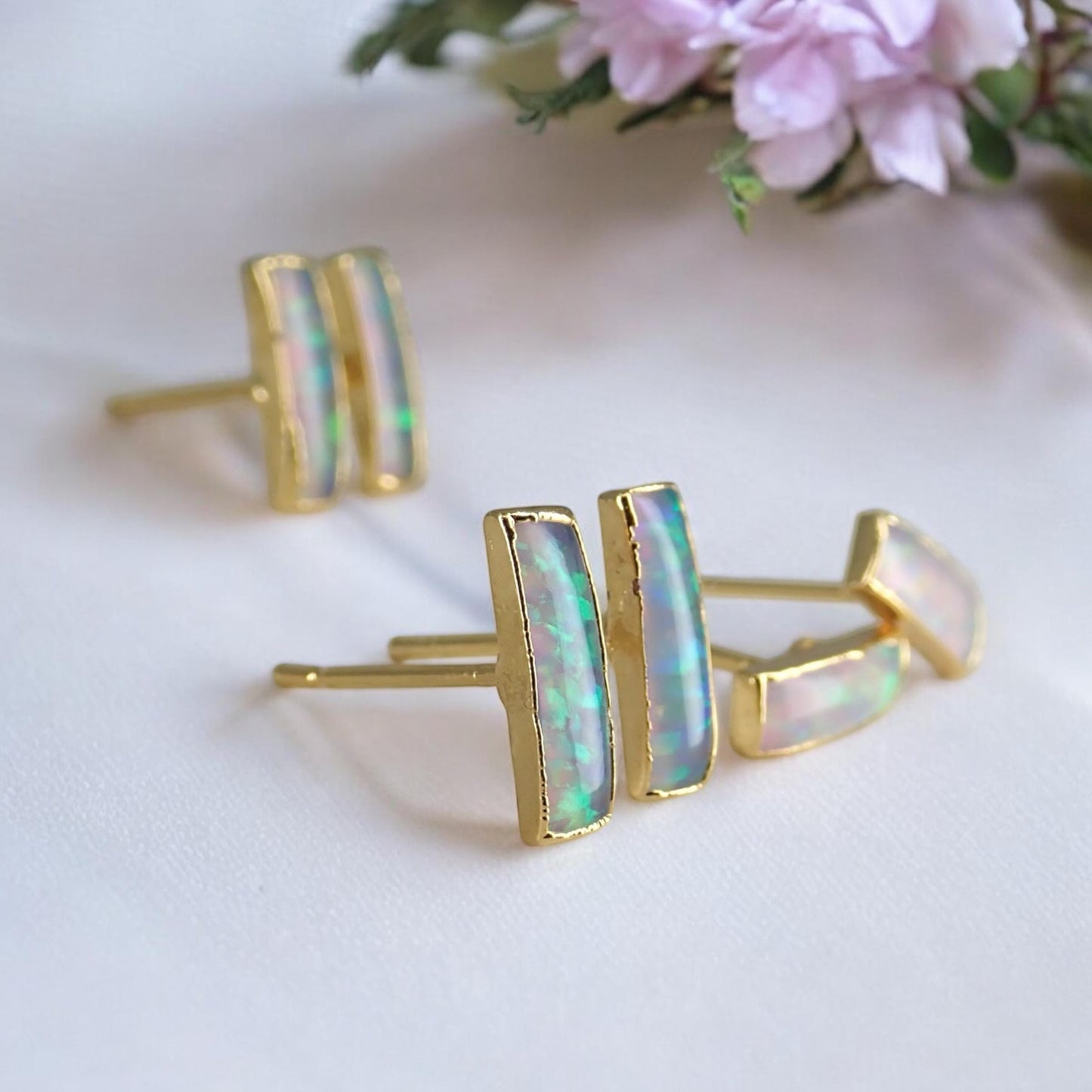 Dainty Opal Bar Stud Earrings | 14k Gold Opal Earrings | October Birthstone Jewelry | Gift for Her, Opal Post Earrings, Opal Stud Earrings