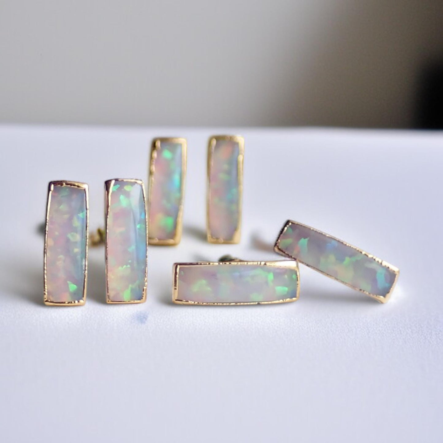 Dainty Opal Bar Stud Earrings | 14k Gold Opal Earrings | October Birthstone Jewelry | Gift for Her, Opal Post Earrings, Opal Stud Earrings