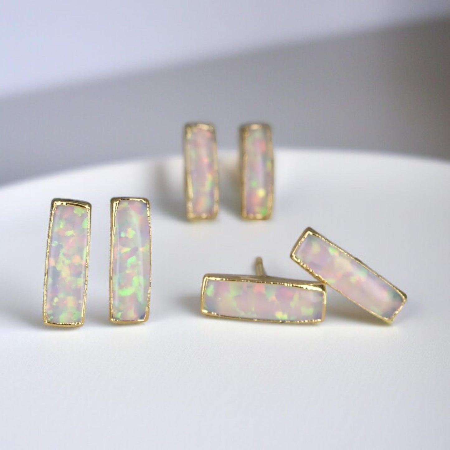Dainty Opal Bar Stud Earrings | 14k Gold Opal Earrings | October Birthstone Jewelry | Gift for Her, Opal Post Earrings, Opal Stud Earrings
