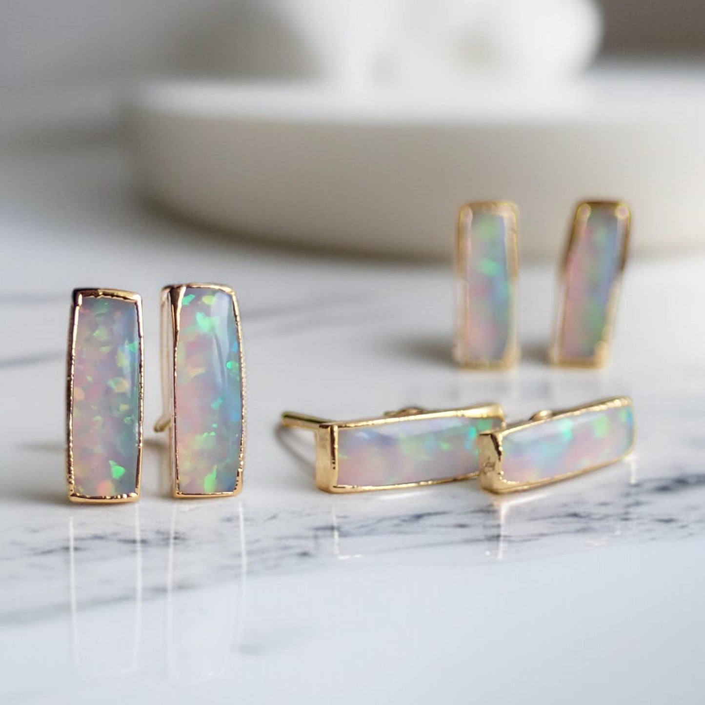 Dainty Opal Bar Stud Earrings | 14k Gold Opal Earrings | October Birthstone Jewelry | Gift for Her, Opal Post Earrings, Opal Stud Earrings