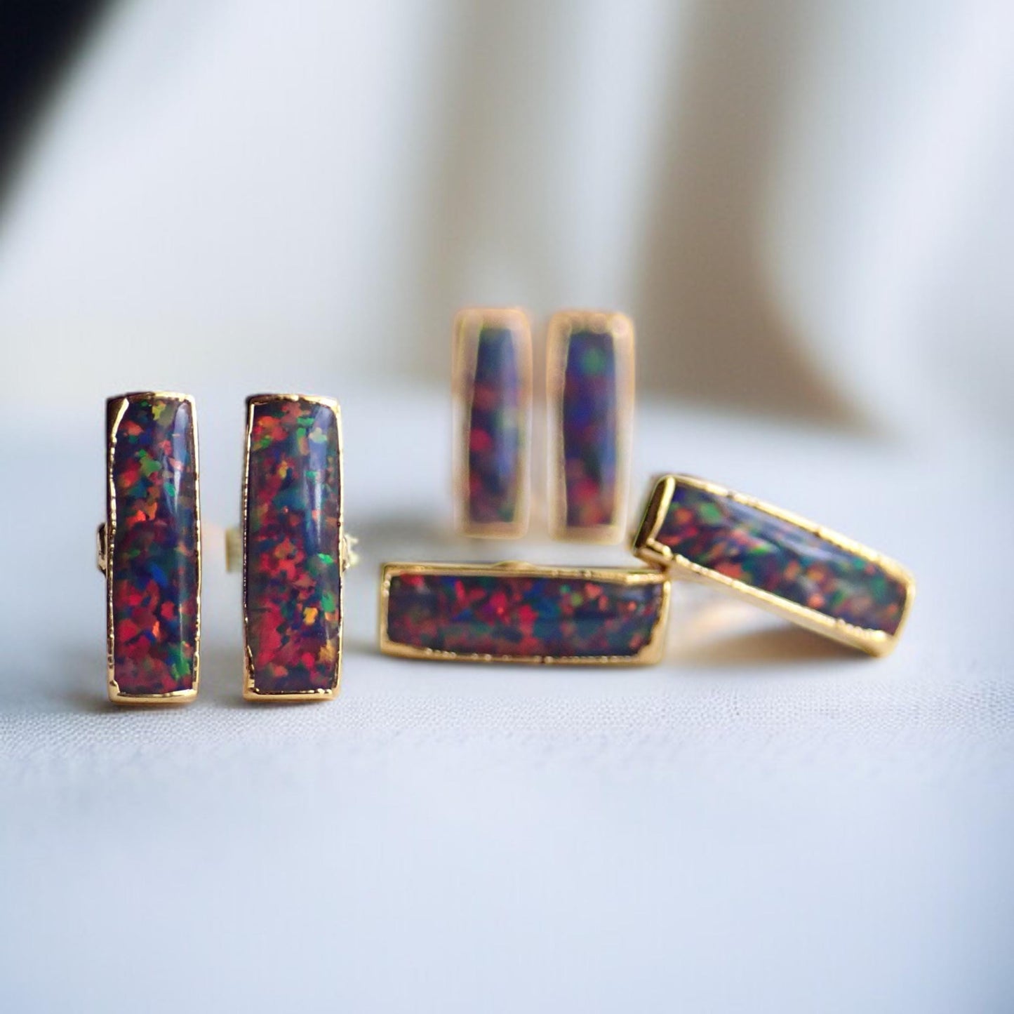 Black Opal Stud Earrings | 14k Gold Opal Bar Earrings | October Birthstone Jewelry, Gift for Her, Opal Post Earrings, Dainty Opal Studs