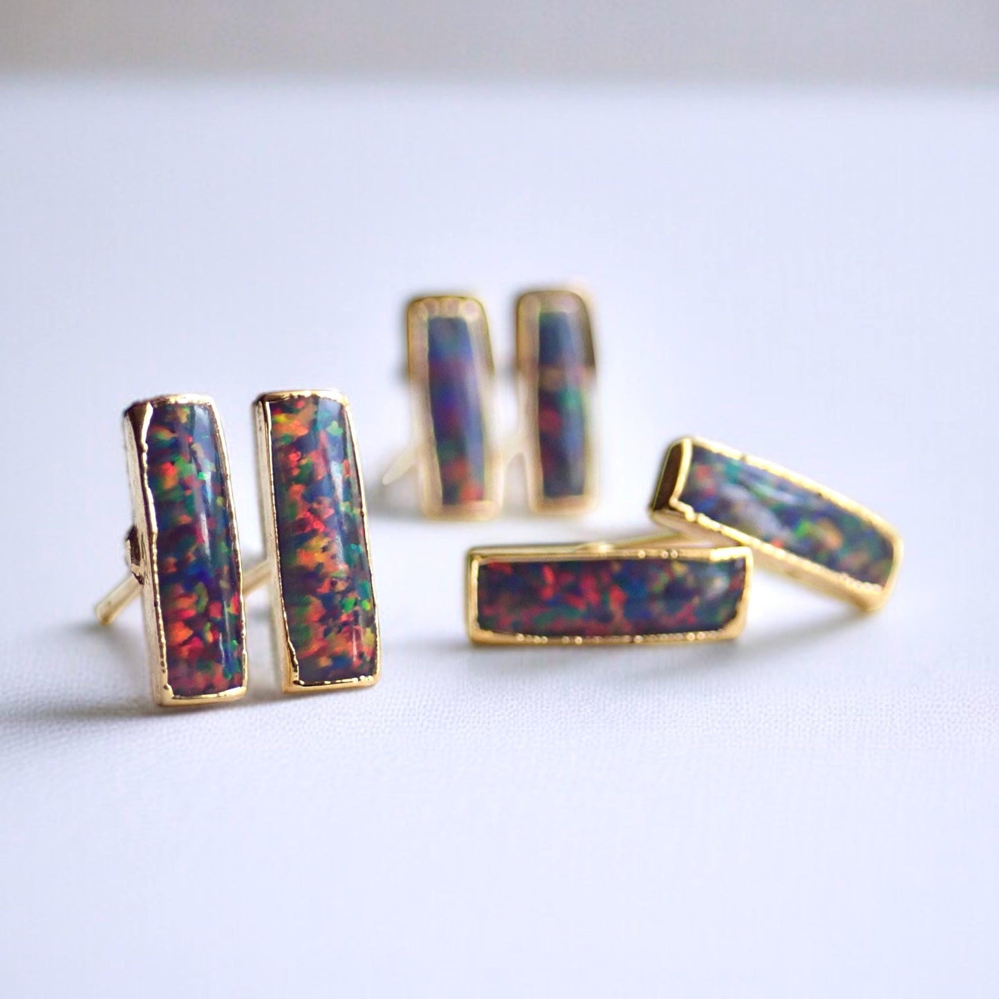Black Opal Stud Earrings | 14k Gold Opal Bar Earrings | October Birthstone Jewelry, Gift for Her, Opal Post Earrings, Dainty Opal Studs