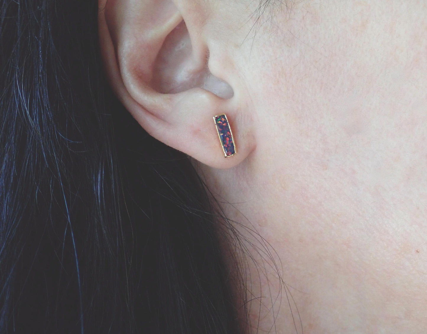 Black Opal Stud Earrings | 14k Gold Opal Bar Earrings | October Birthstone Jewelry, Gift for Her, Opal Post Earrings, Dainty Opal Studs