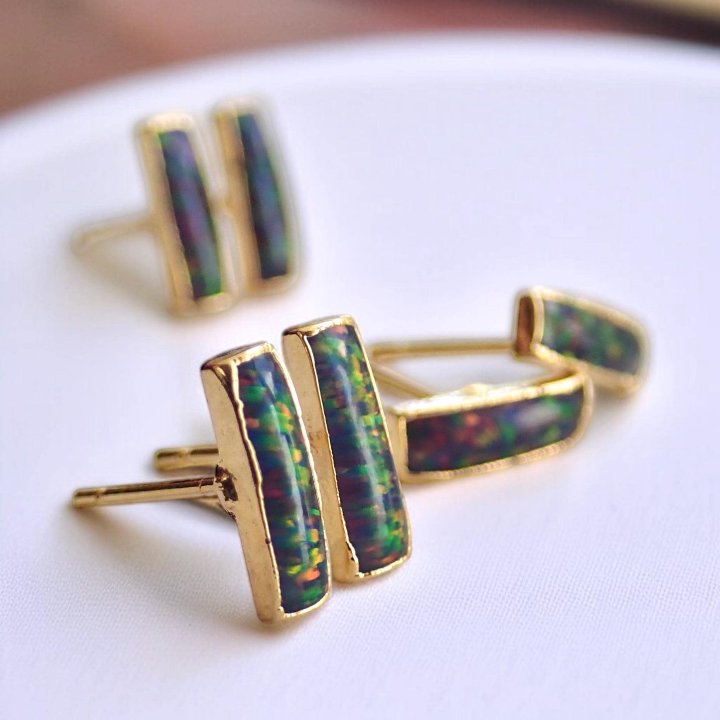 Black Opal Stud Earrings | 14k Gold Opal Bar Earrings | October Birthstone Jewelry, Gift for Her, Opal Post Earrings, Dainty Opal Studs