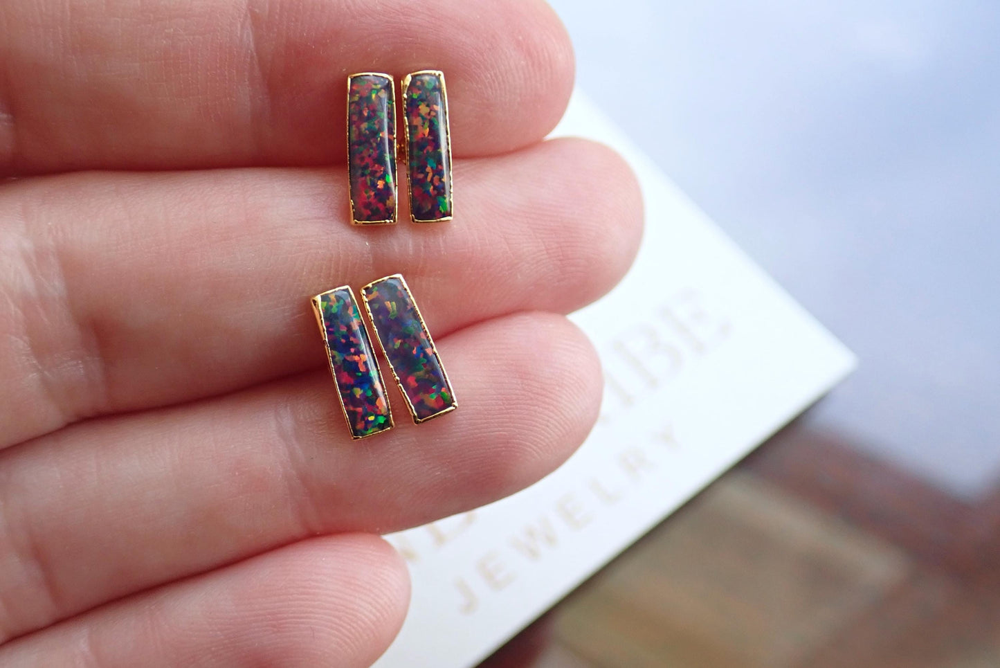 Black Opal Stud Earrings | 14k Gold Opal Bar Earrings | October Birthstone Jewelry, Gift for Her, Opal Post Earrings, Dainty Opal Studs