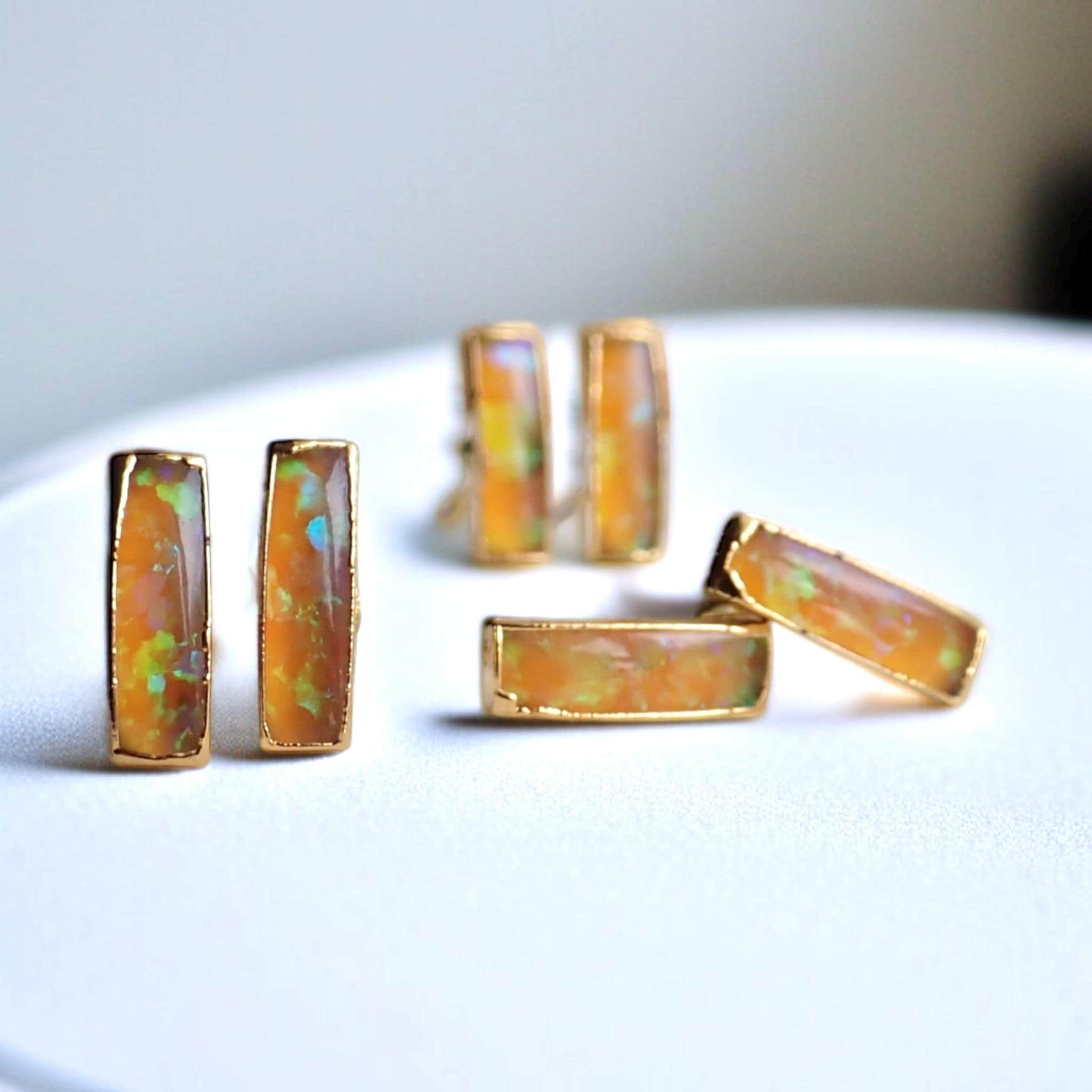 Dainty Fire Opal Bar Stud Earrings | 14k Gold Opal Earrings | October Birthstone Jewelry | Gift for Her, Opal Post Earrings, Opal Studs Gold