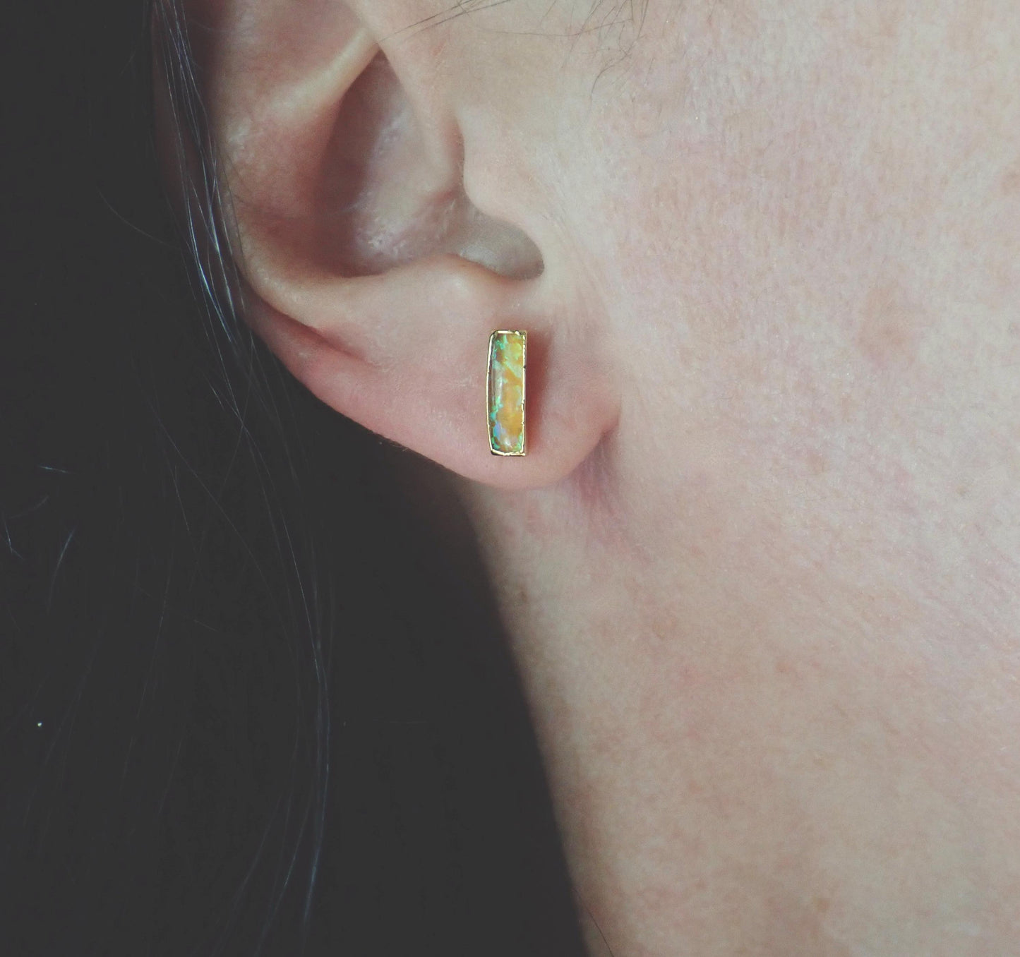 Dainty Fire Opal Bar Stud Earrings | 14k Gold Opal Earrings | October Birthstone Jewelry | Gift for Her, Opal Post Earrings, Opal Studs Gold