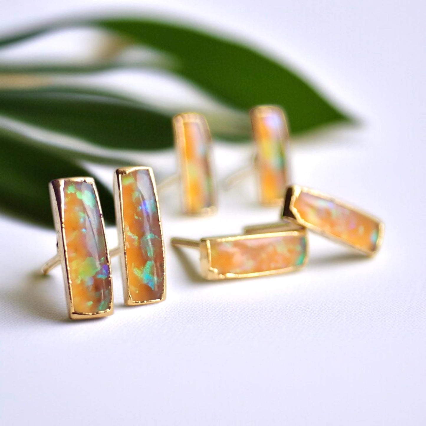 Dainty Fire Opal Bar Stud Earrings | 14k Gold Opal Earrings | October Birthstone Jewelry | Gift for Her, Opal Post Earrings, Opal Studs Gold