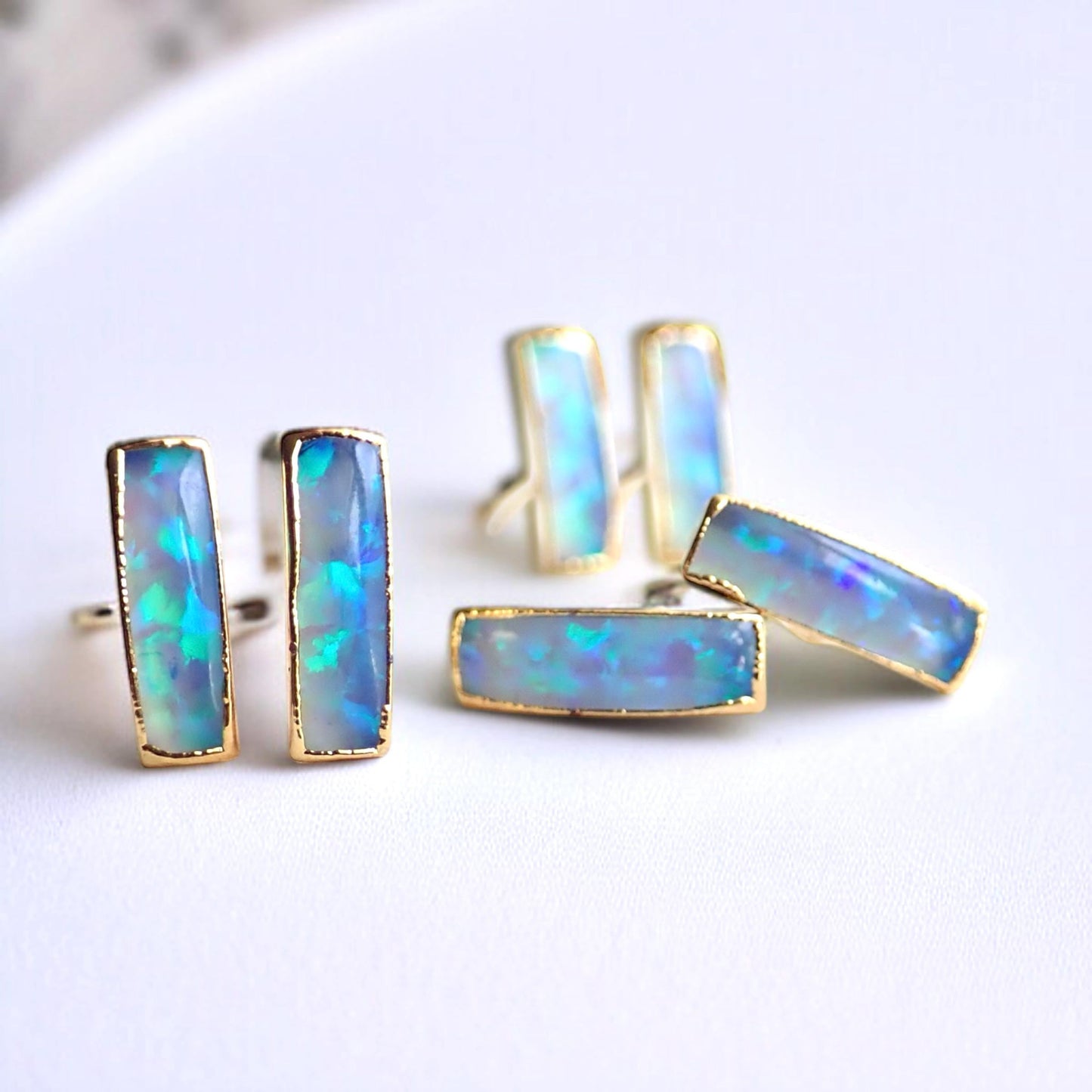 Small Blue Opal Bar Stud Earrings | 14k Gold Opal Earrings | October Birthstone Jewelry | Gift for Her, Opal Post Earrings, Opal Studs Gold