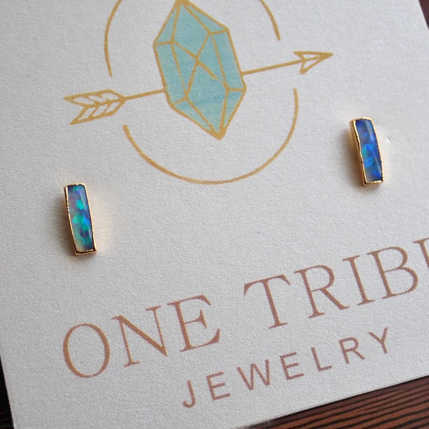 Small Blue Opal Bar Stud Earrings | 14k Gold Opal Earrings | October Birthstone Jewelry | Gift for Her, Opal Post Earrings, Opal Studs Gold