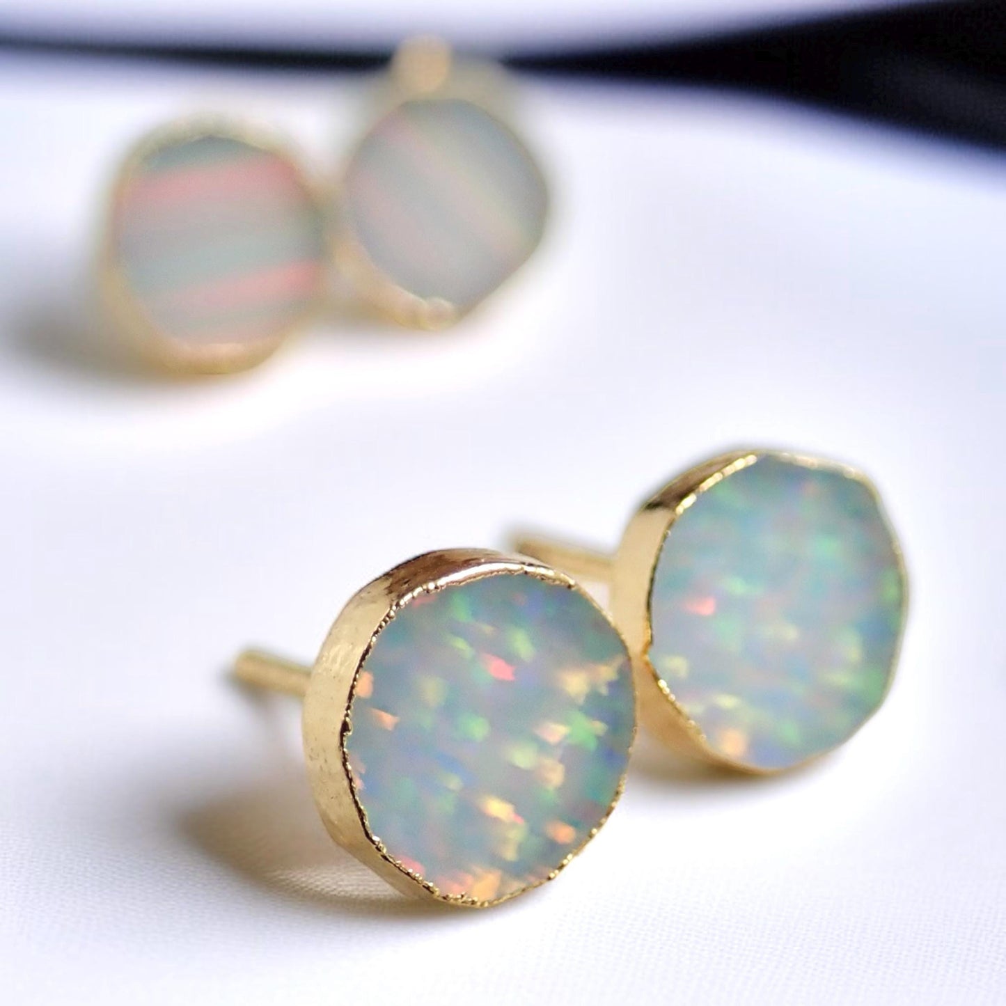 Round White Opal Stud Earrings | 14k Gold Opal Earrings | October Birthstone Jewelry | Gift for Her, Opal Post Earrings, Round Gemstone Earrings