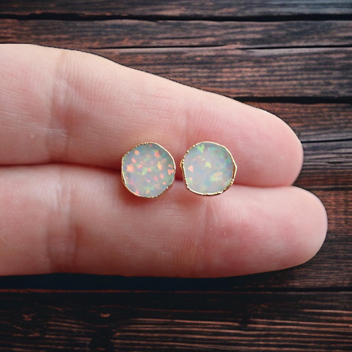 Round White Opal Stud Earrings | 14k Gold Opal Earrings | October Birthstone Jewelry | Gift for Her, Opal Post Earrings, Round Gemstone Earrings