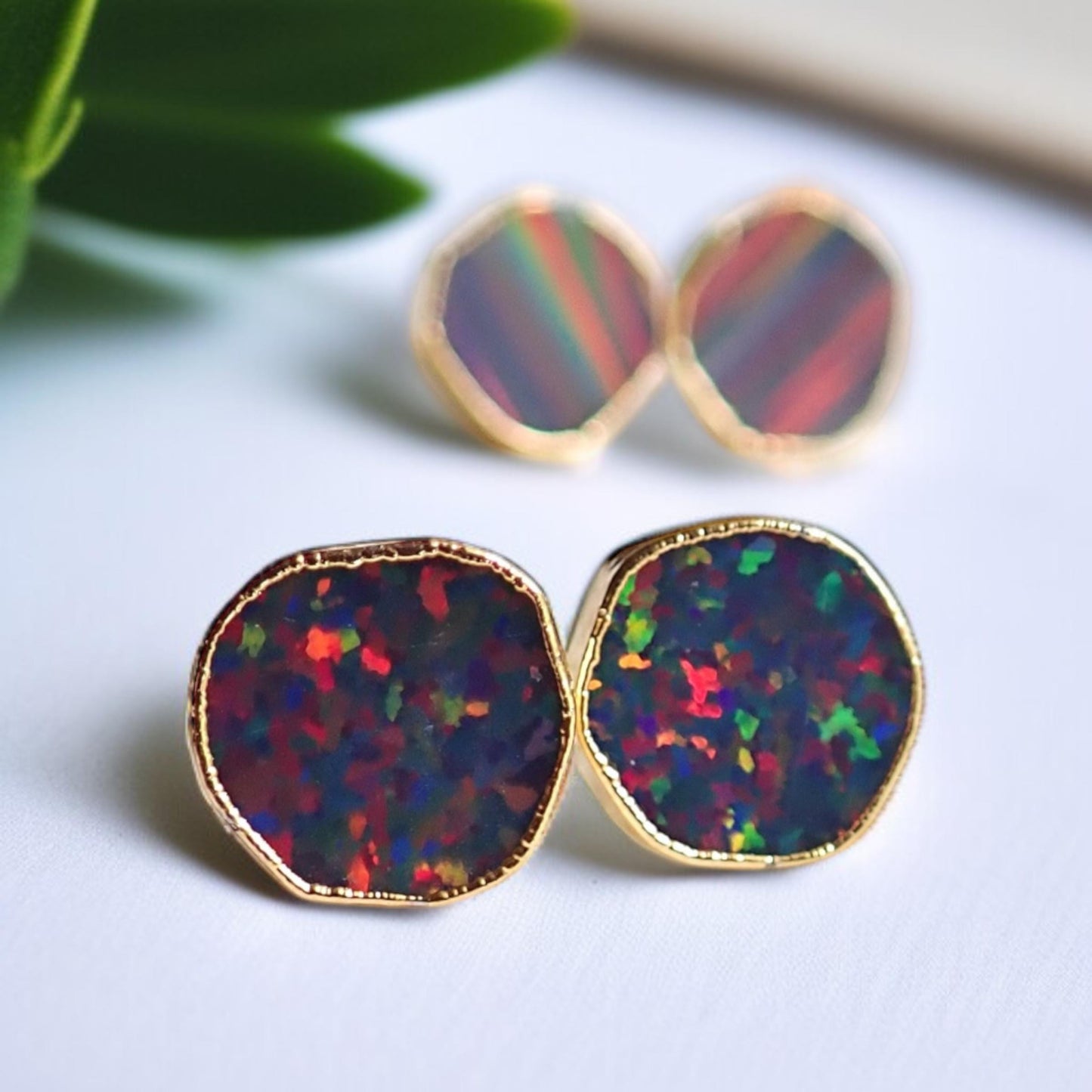 Black Opal Stud Earrings | 14k Gold Opal Earrings, October Birthstone Jewelry, Round Gemstone Earrings